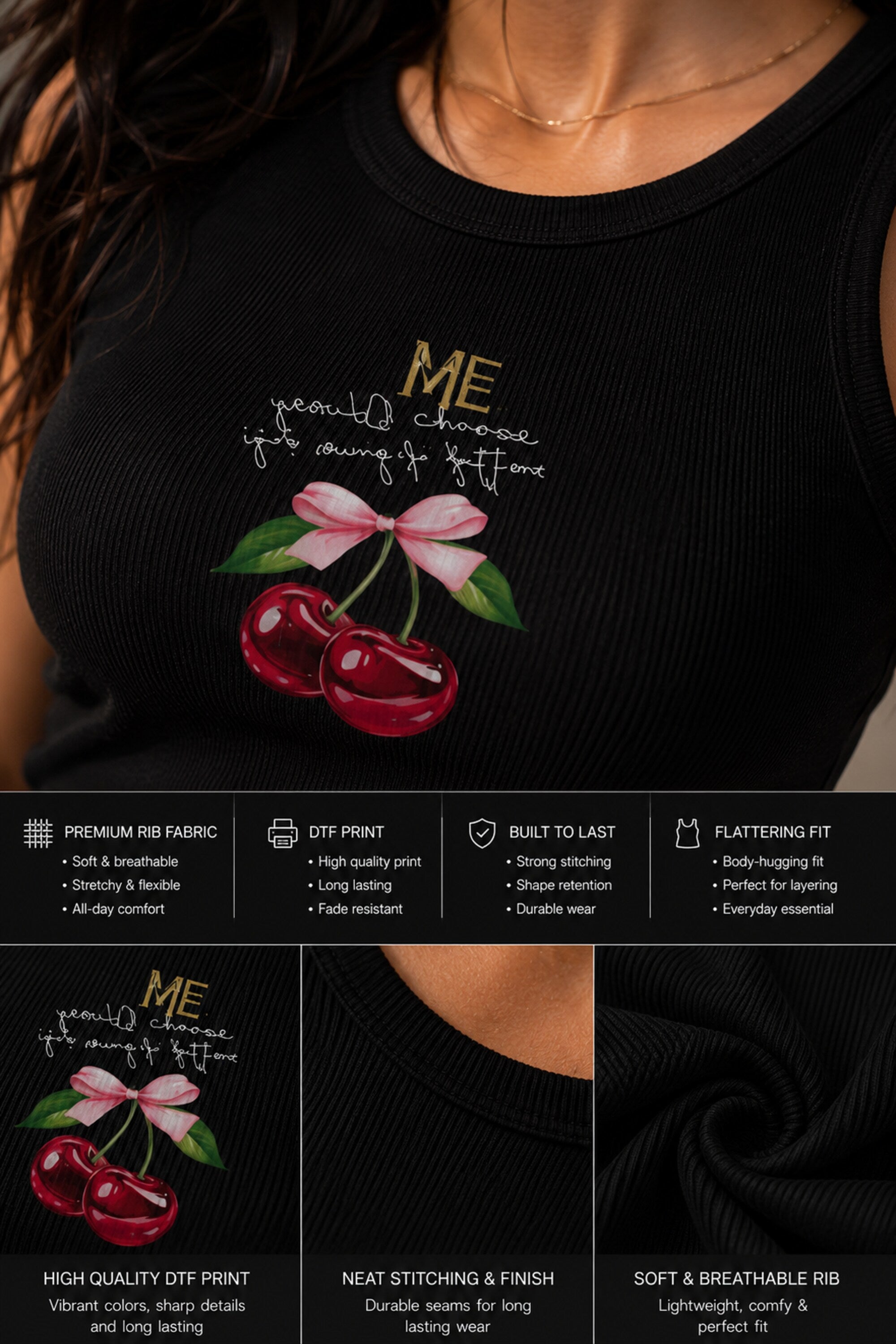 Black ribbed scoop neck crop tank top with gold ME text cursive script and cherry with pink bow graphic coquette aesthetic women top