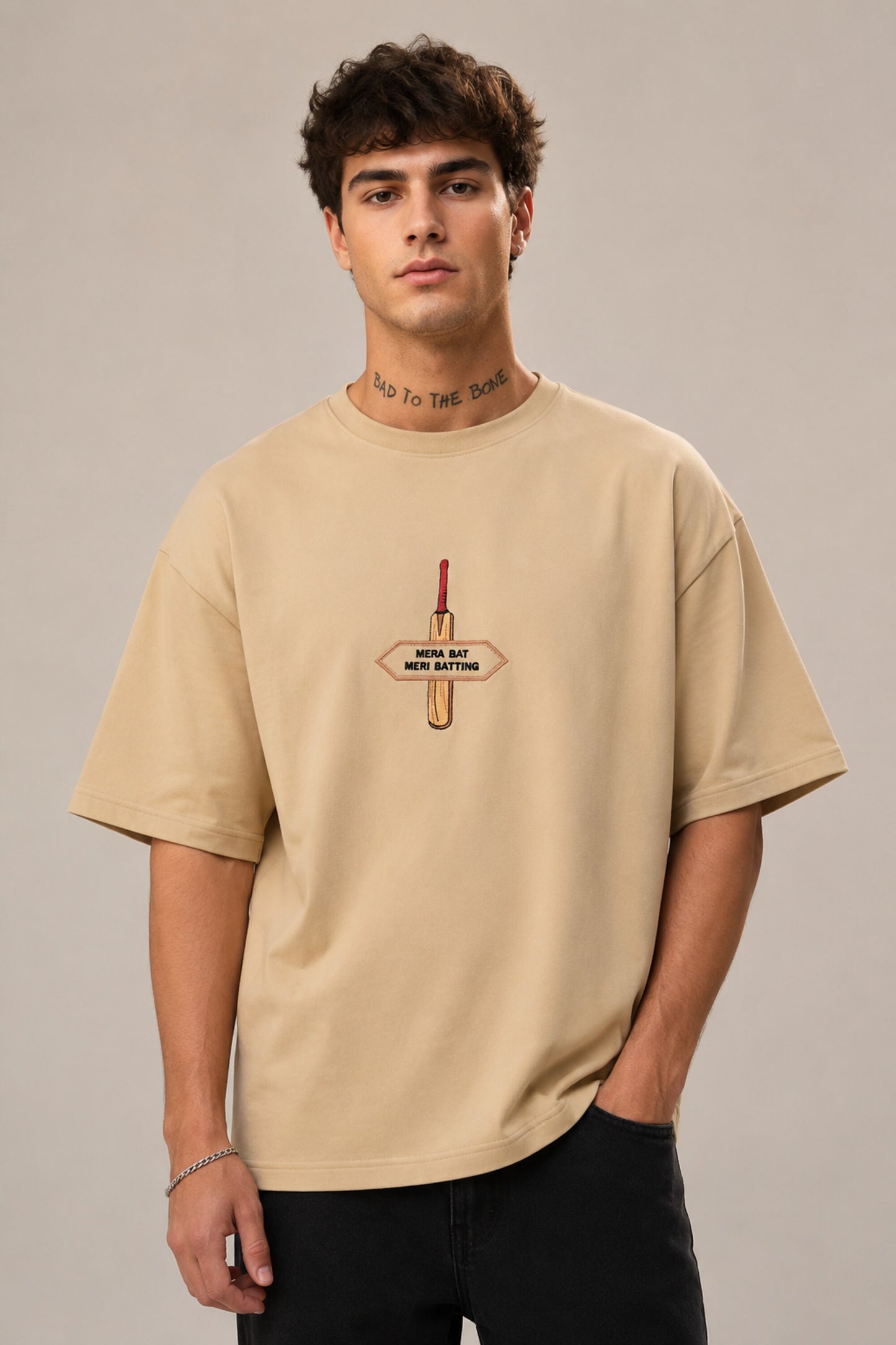 POPCASE Mera Bat Meri Batting beige oversized t shirt with cricket bat DTF graphic print premium cotton streetwear