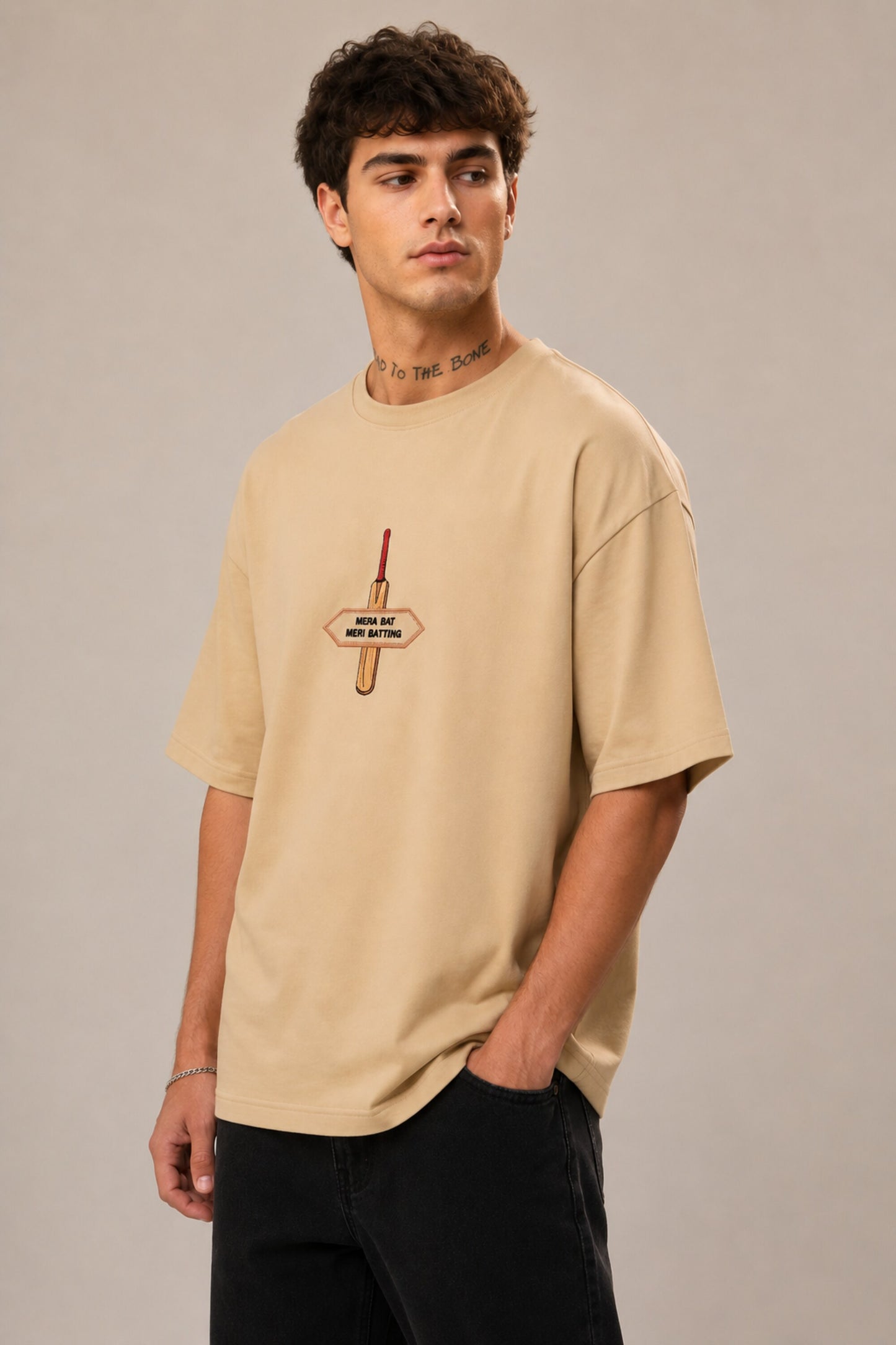 POPCASE Mera Bat Meri Batting beige oversized t shirt with cricket bat DTF graphic print premium cotton streetwear