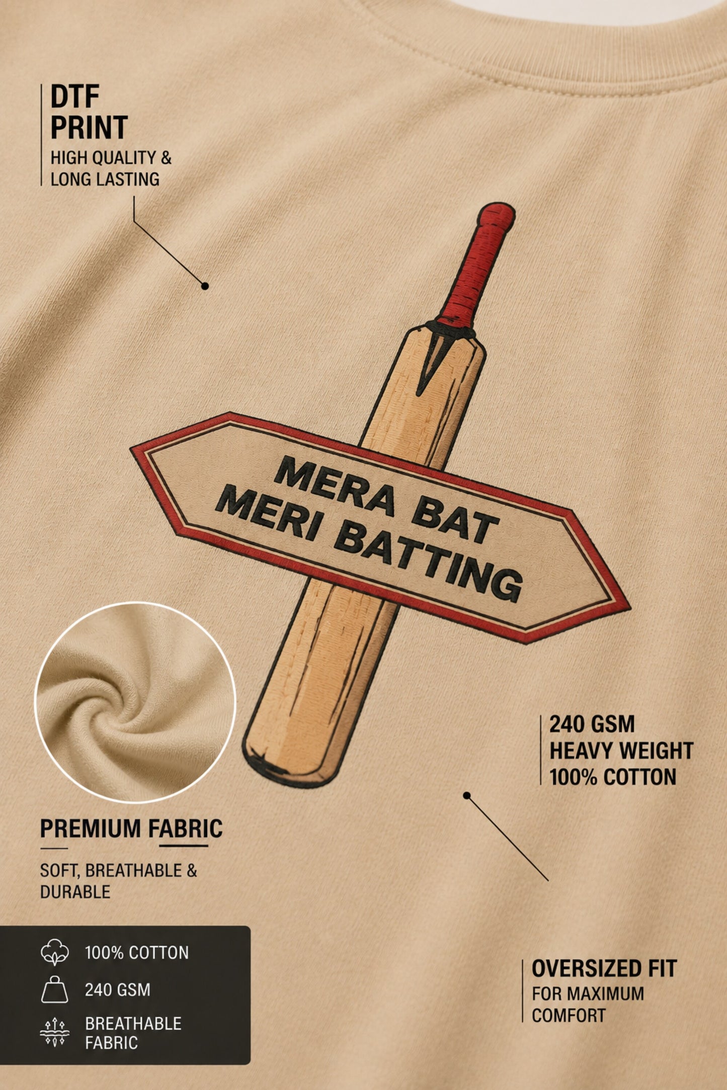 POPCASE Mera Bat Meri Batting beige oversized t shirt with cricket bat DTF graphic print premium cotton streetwear