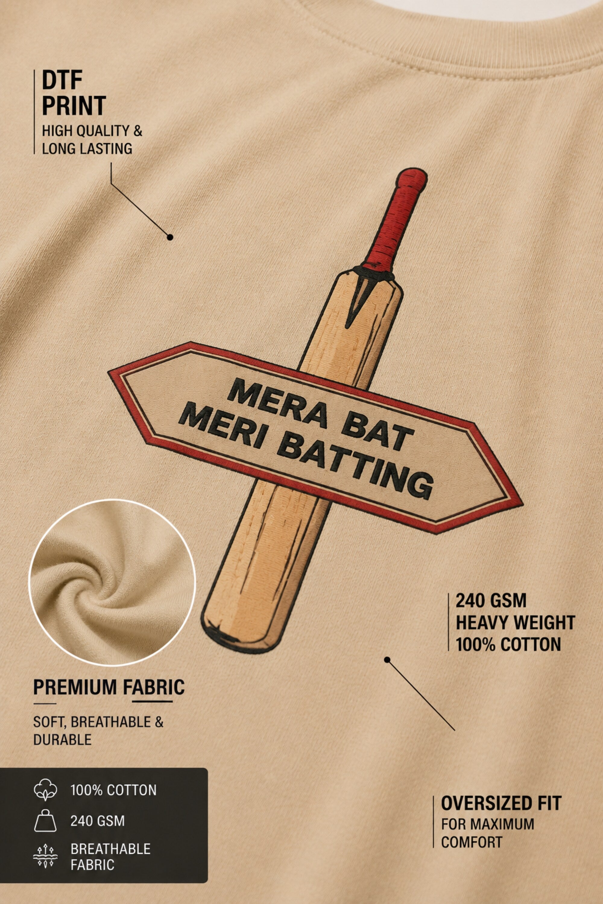 POPCASE Mera Bat Meri Batting beige oversized t shirt with cricket bat DTF graphic print premium cotton streetwear