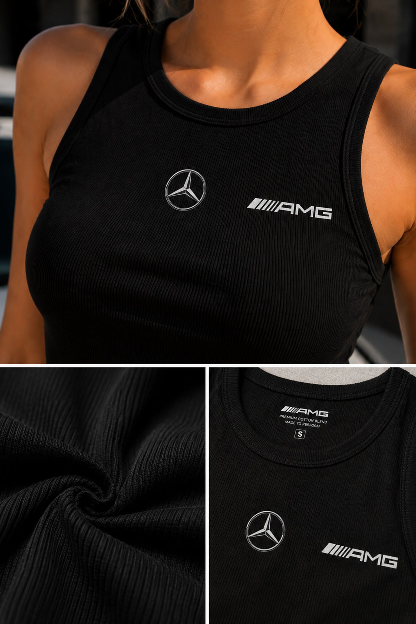 White ribbed tank top with minimal black AMG Mercedes logo print on upper back 220 GSM motorsport streetwear luxury car girl