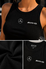 White ribbed tank top with minimal black AMG Mercedes logo print on upper back 220 GSM motorsport streetwear luxury car girl