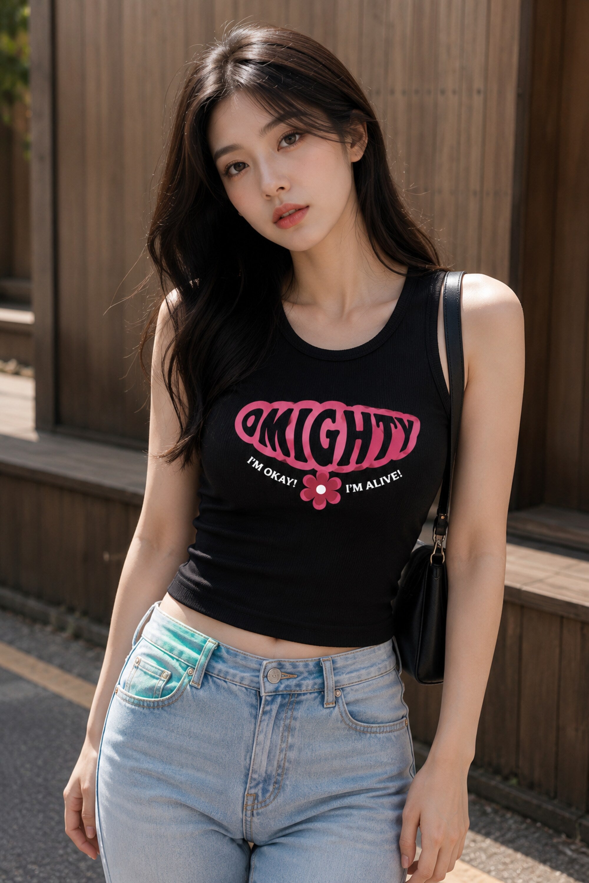 Black fitted ribbed crop tank top OMIGHTY bold pink retro bubble letters I'm Okay I'm Alive flower graphic Y2K Korean women POPCASE