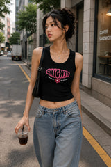 Black fitted ribbed crop tank top OMIGHTY bold pink retro bubble letters I'm Okay I'm Alive flower graphic Y2K Korean women POPCASE