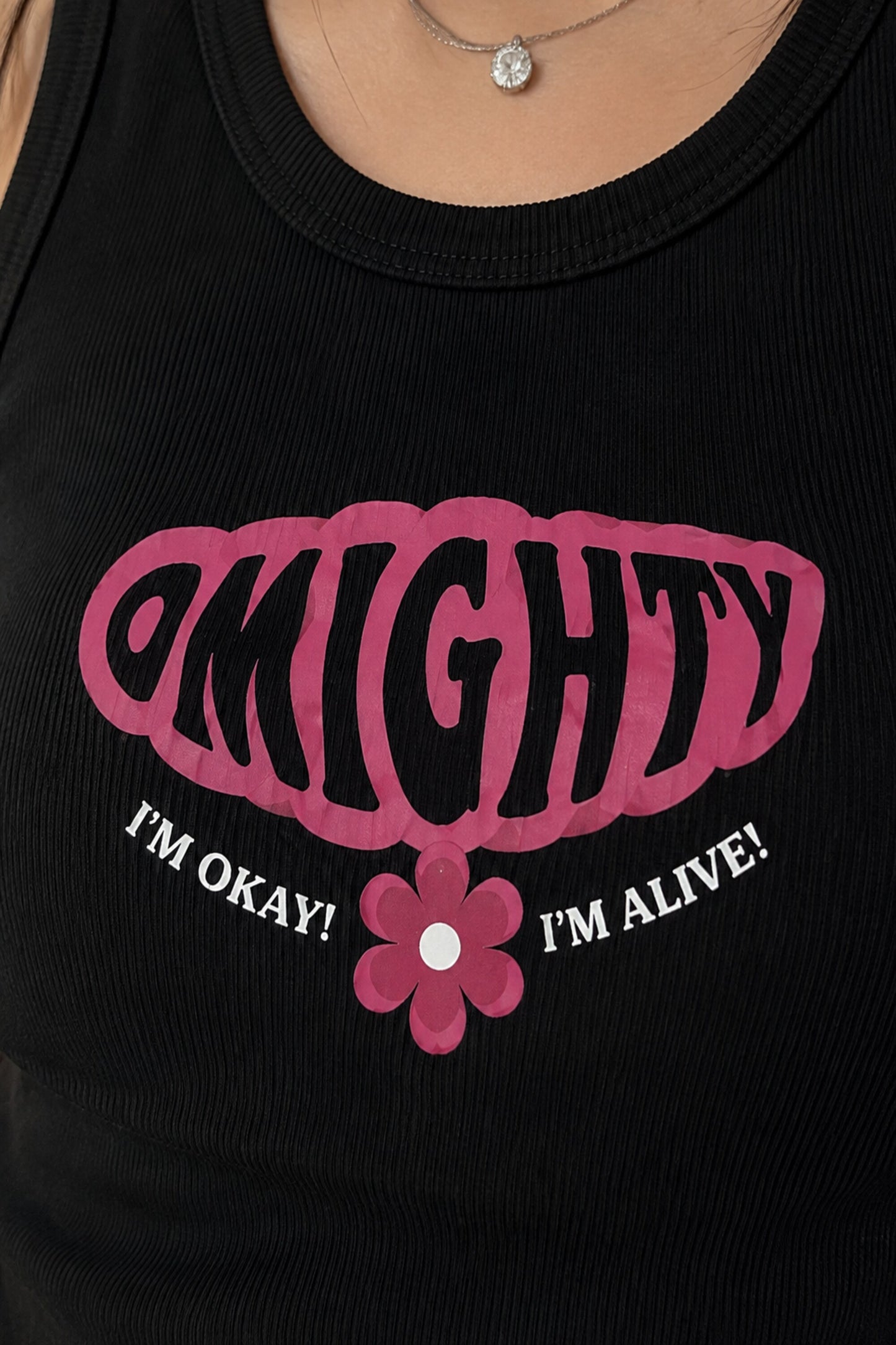 Black fitted ribbed crop tank top OMIGHTY bold pink retro bubble letters I'm Okay I'm Alive flower graphic Y2K Korean women POPCASE