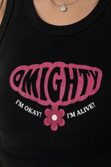 Black fitted ribbed crop tank top OMIGHTY bold pink retro bubble letters I'm Okay I'm Alive flower graphic Y2K Korean women POPCASE