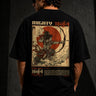 Black MIGHTY ARJUN oversized t-shirt featuring distressed Hindi script graphic in beige and orange, highlighting streetwear style.