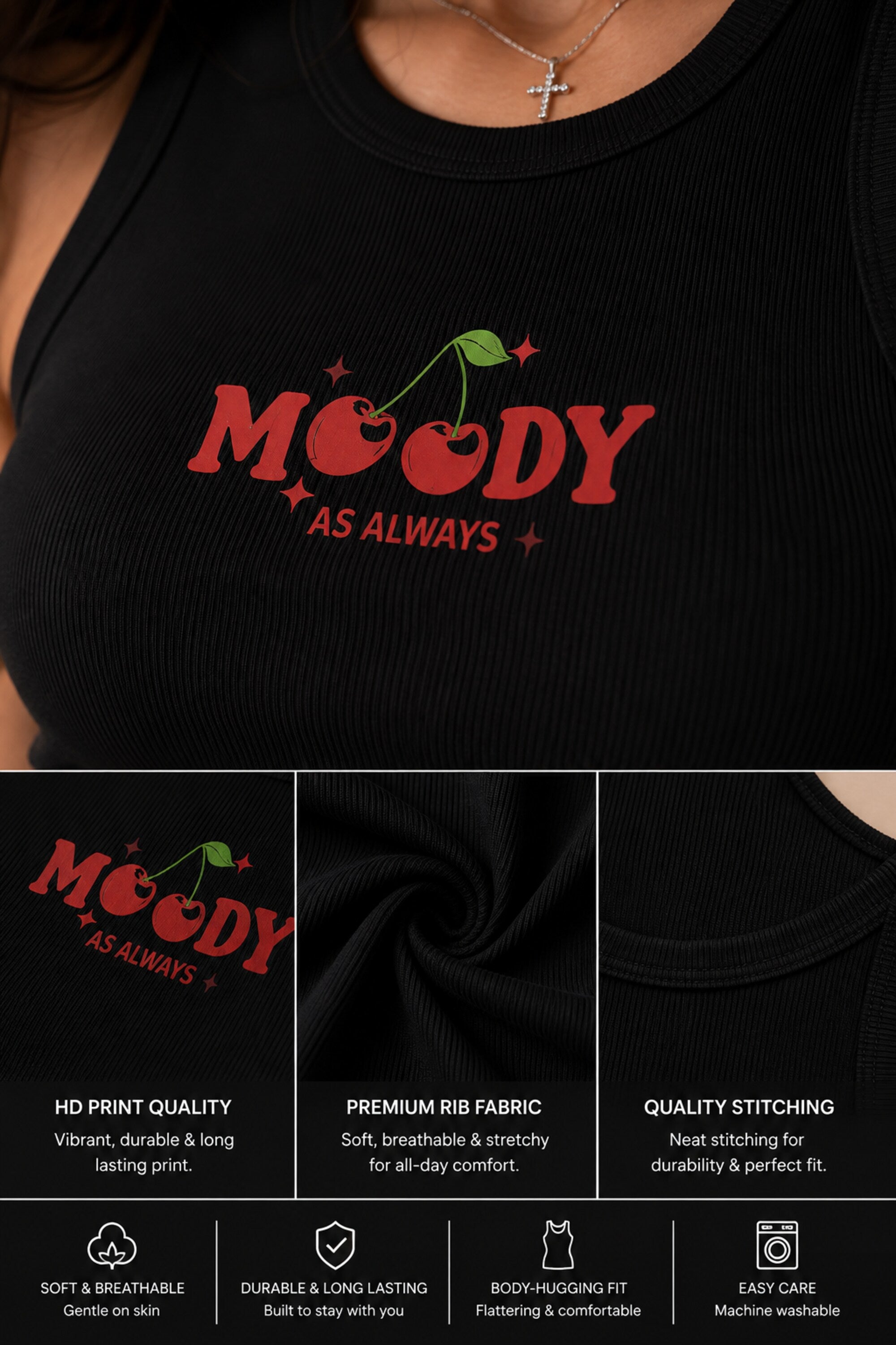 Black ribbed crop tank top with MOODY AS ALWAYS bold HD graphic print text dark aesthetic edgy women fitted sleeveless statement top