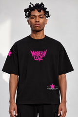 Black oversized tshirt with Modern Love electric pink metal rock font on chest and pink star on sleeve, drop shoulder boxy fit, men India