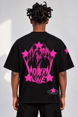 Black oversized tshirt with Modern Love electric pink metal rock font on chest and pink star on sleeve, drop shoulder boxy fit, men India