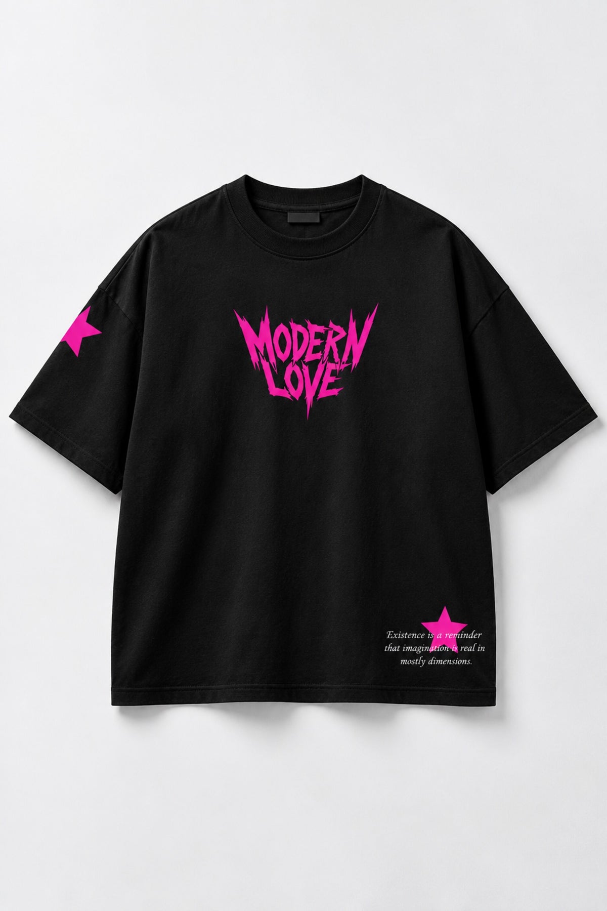 Black oversized tshirt with Modern Love electric pink metal rock font on chest and pink star on sleeve, drop shoulder boxy fit, men India