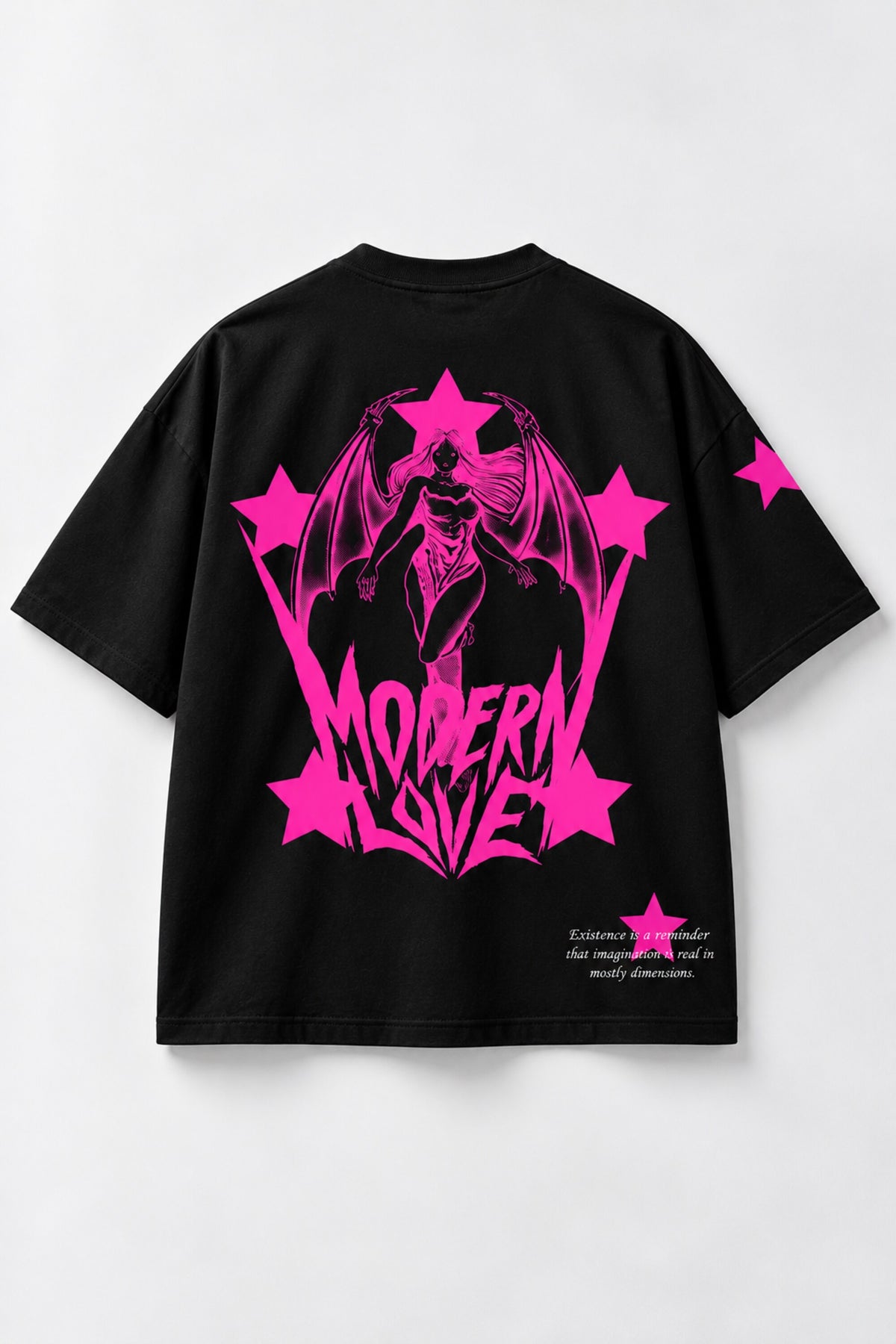 Black oversized tshirt with Modern Love electric pink metal rock font on chest and pink star on sleeve, drop shoulder boxy fit, men India