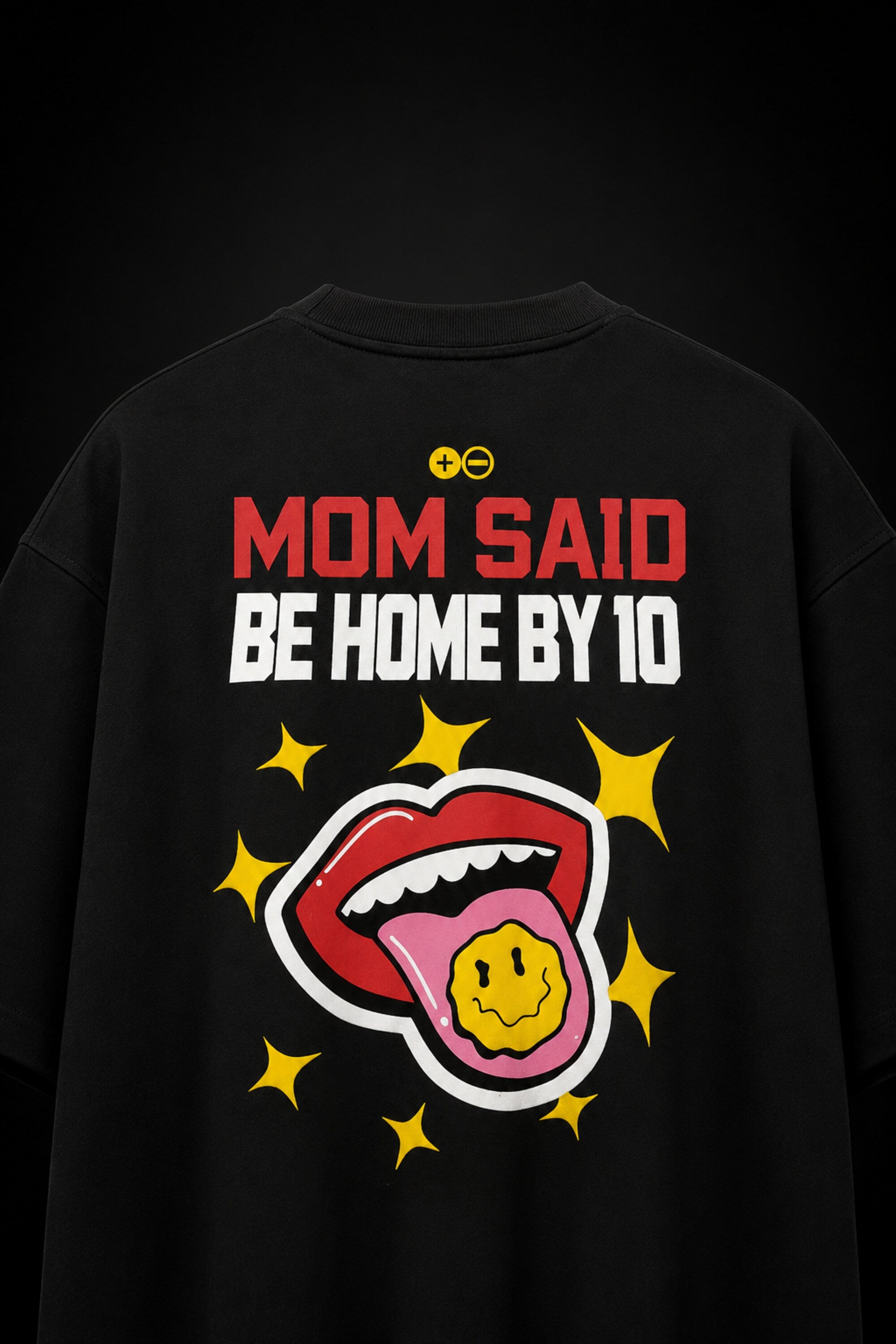 Rebellion black oversized t-shirt with bold white text and gold sparkle star graphic