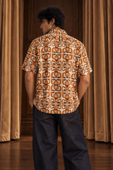 Orange brown Hawaiian shirt with all-over geometric monkey face totem art print, Cuban collar, men India