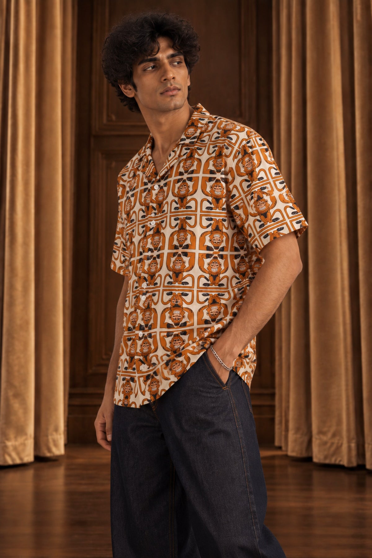 Orange brown Hawaiian shirt with all-over geometric monkey face totem art print, Cuban collar, men India