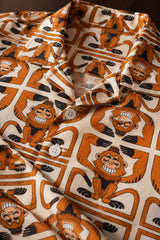 Orange brown Hawaiian shirt with all-over geometric monkey face totem art print, Cuban collar, men India