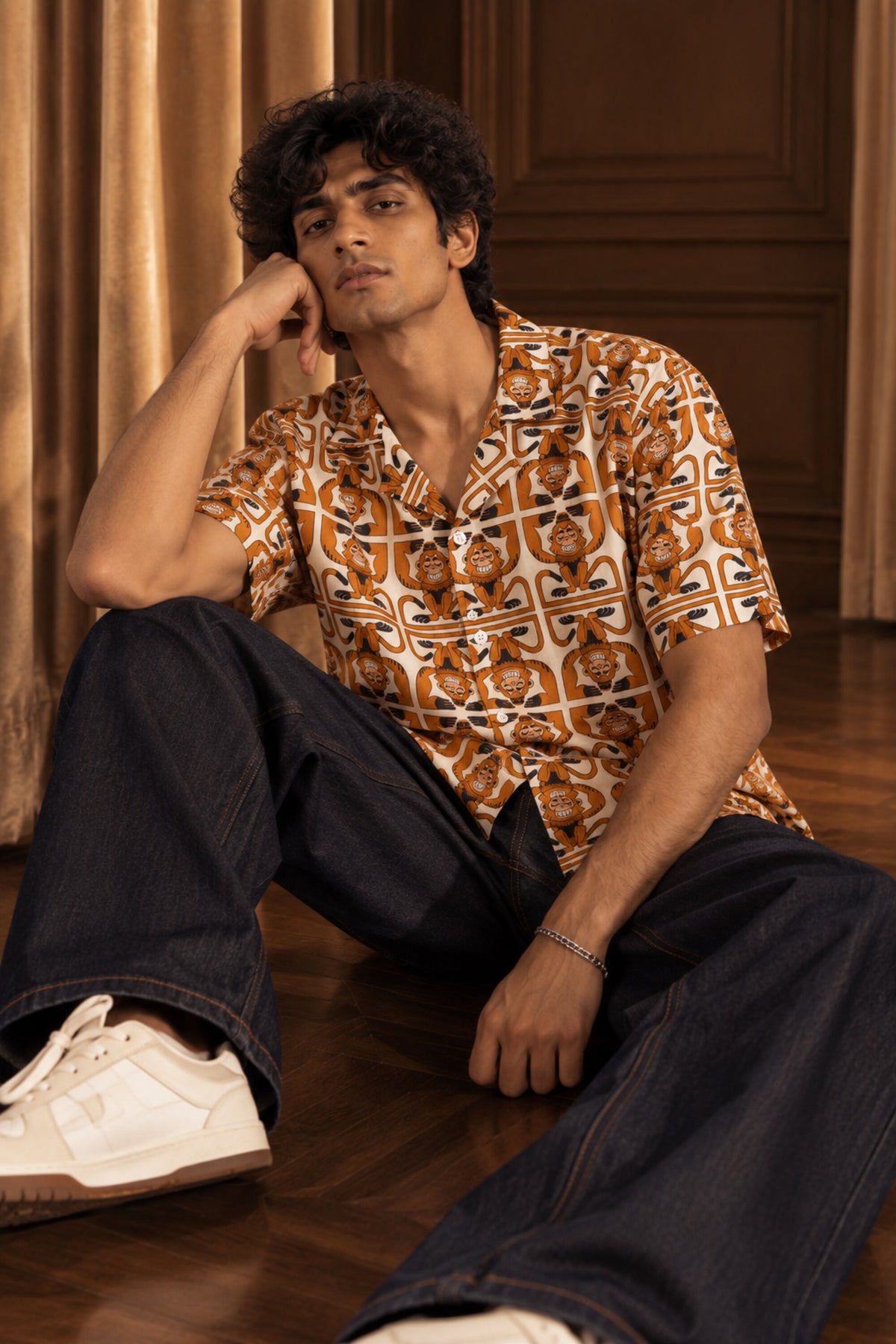 Orange brown Hawaiian shirt with all-over geometric monkey face totem art print, Cuban collar, men India