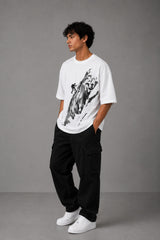POP-MOUNTAIN-CLIMBER oversized t-shirt in white, featuring a striking black and white graphic of a mountain climber. Designed for ultimate comfort and streetwear style.
