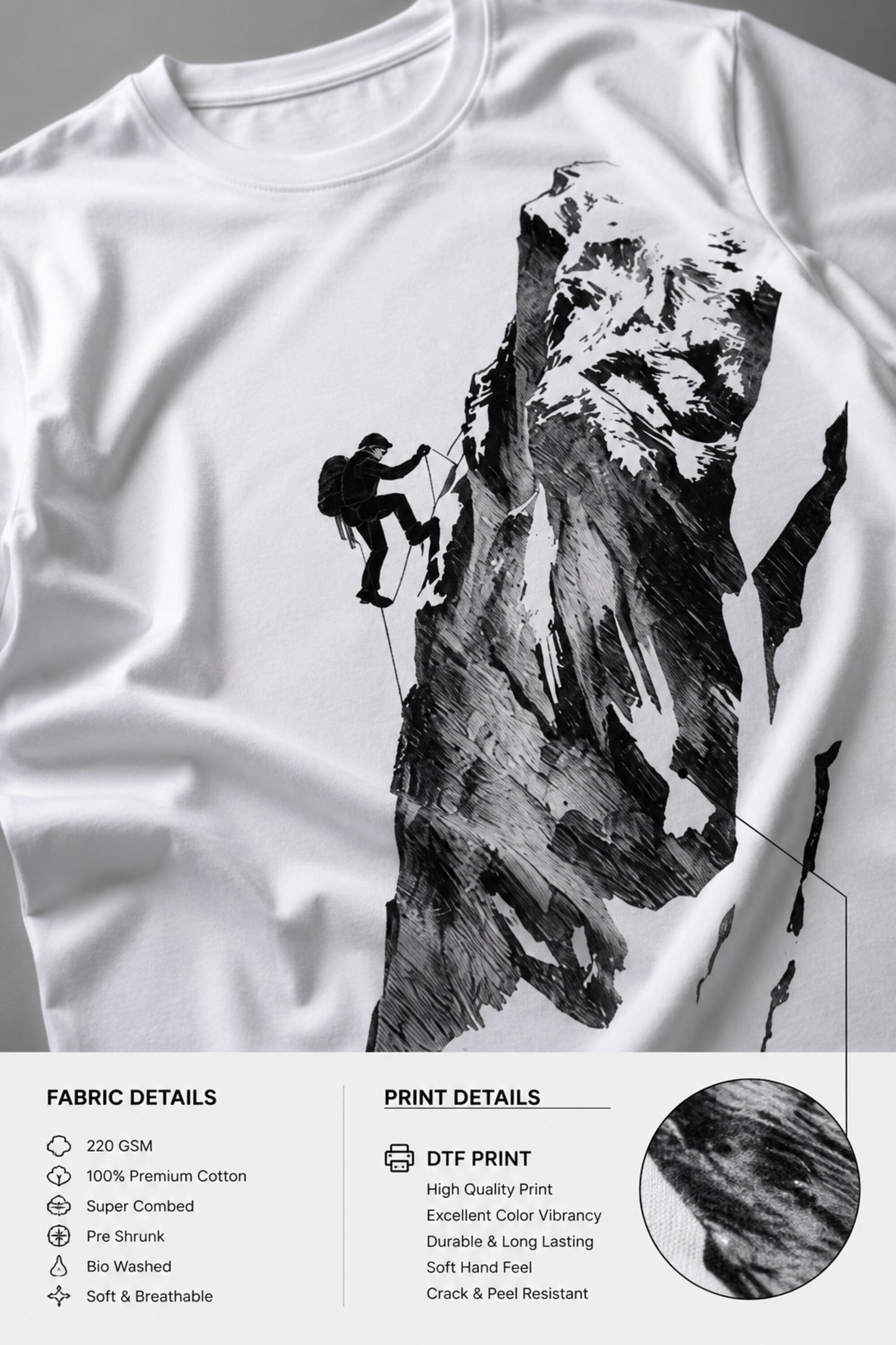 POP-MOUNTAIN-CLIMBER oversized t-shirt in white, featuring a striking black and white graphic of a mountain climber. Designed for ultimate comfort and streetwear style.
