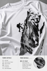 POP-MOUNTAIN-CLIMBER oversized t-shirt in white, featuring a striking black and white graphic of a mountain climber. Designed for ultimate comfort and streetwear style.