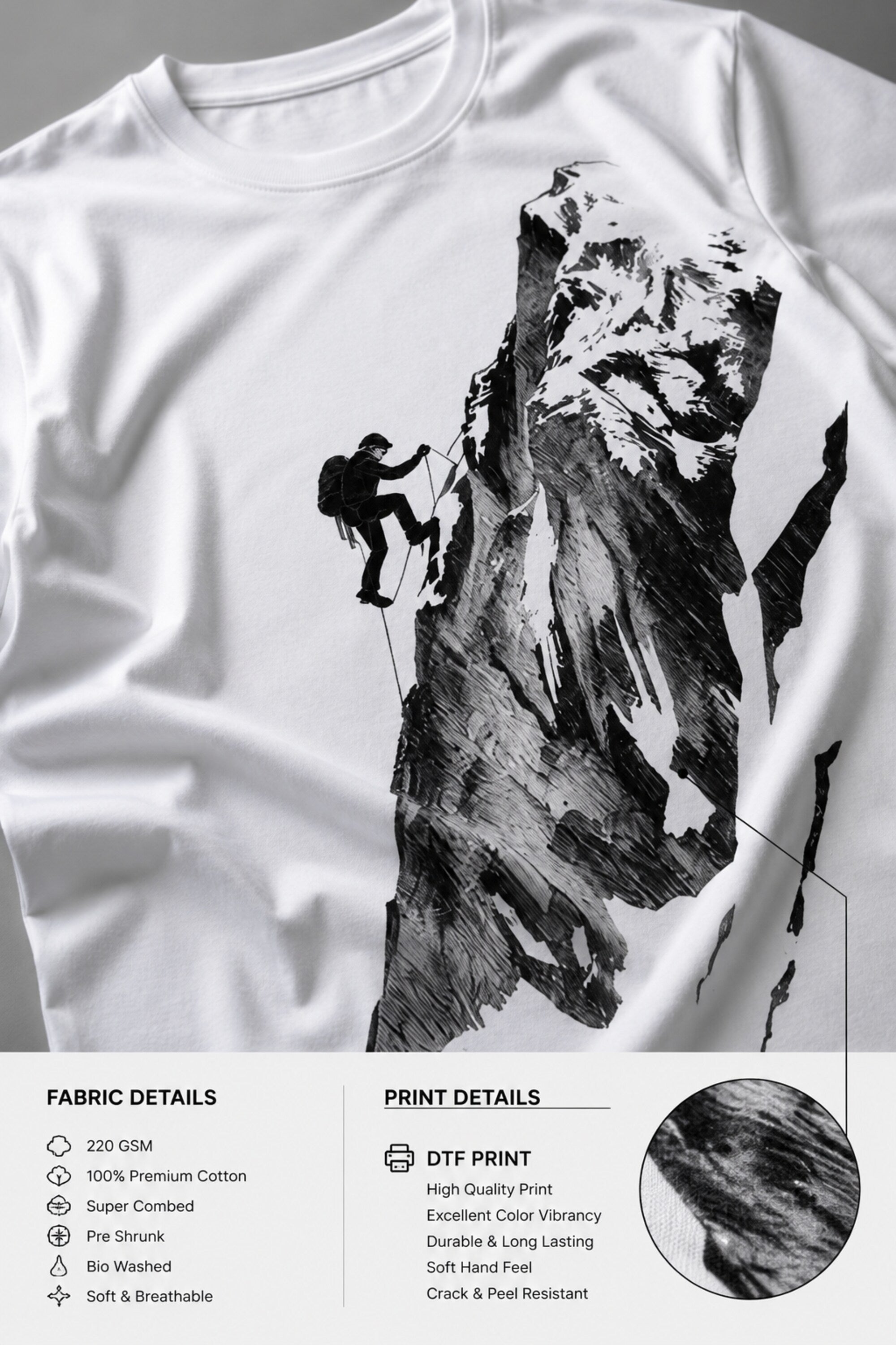 POP-MOUNTAIN-CLIMBER oversized t-shirt in white, featuring a striking black and white graphic of a mountain climber. Designed for ultimate comfort and streetwear style.