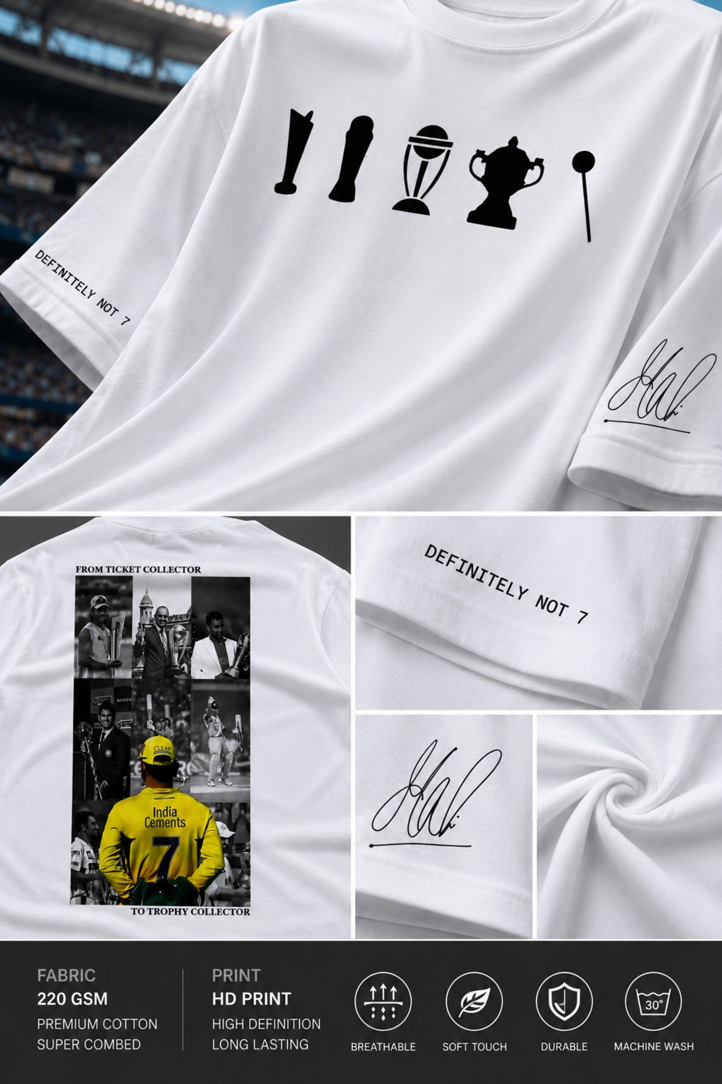 White short-sleeve t-shirt with black printed graphics, including trophy silhouettes on the chest, a black-and-white photo collage on the front, and a signature-style print on the sleeve. The image is a multi-panel product showcase showing close-ups of the fabric, print details, and care icons, with a dark gray/black banner at the bottom listing features.
