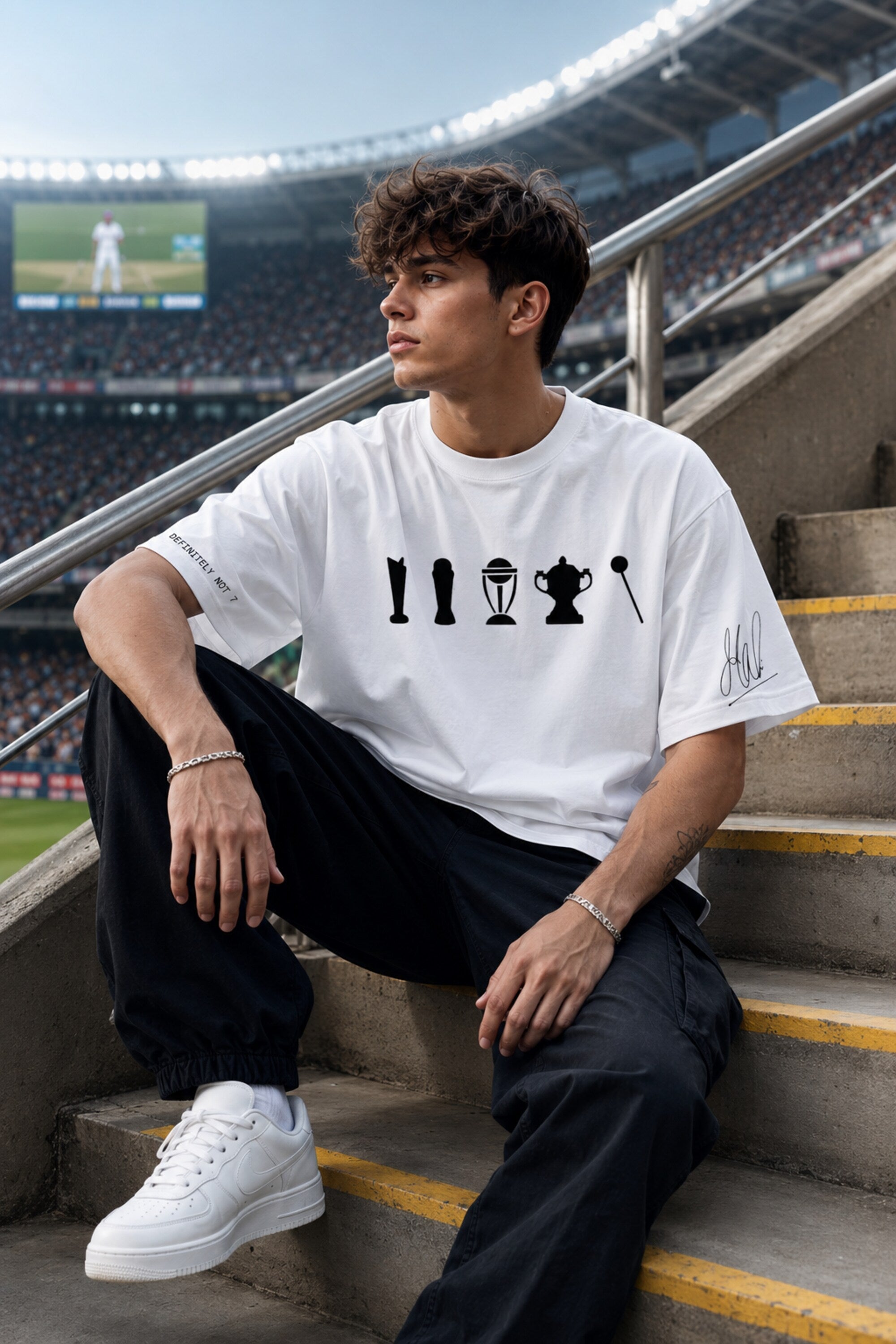 A man sitting on concrete stadium stairs wearing a white graphic T-shirt with black trophy silhouettes, black pants, and white sneakers, with a stadium background.
