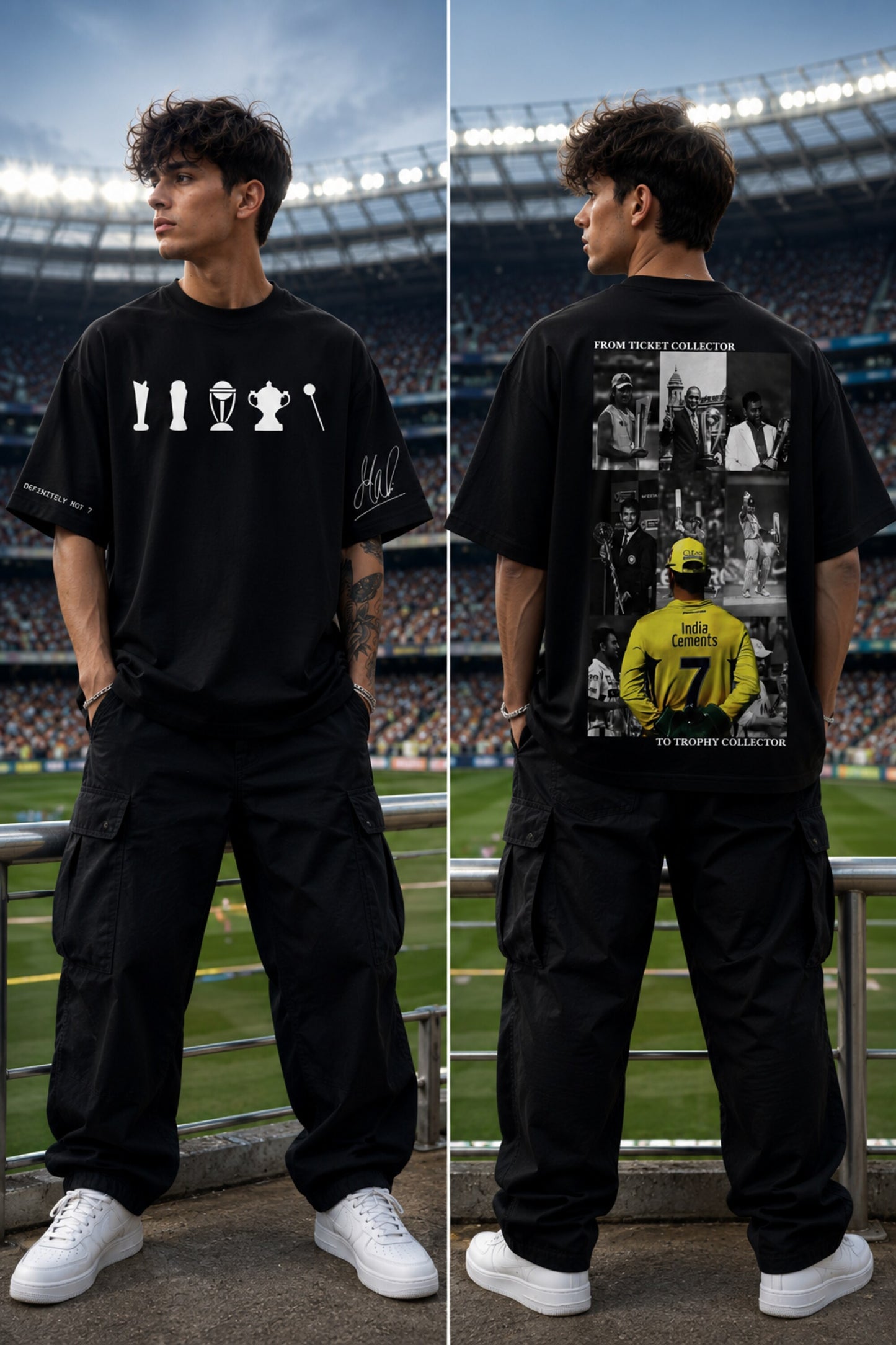 A man modeling a black oversized graphic T-shirt in a stadium setting, shown from both front and back. The front has white trophy silhouettes and script text, while the back features a large black-and-white photo collage with a yellow soccer jersey graphic and text.