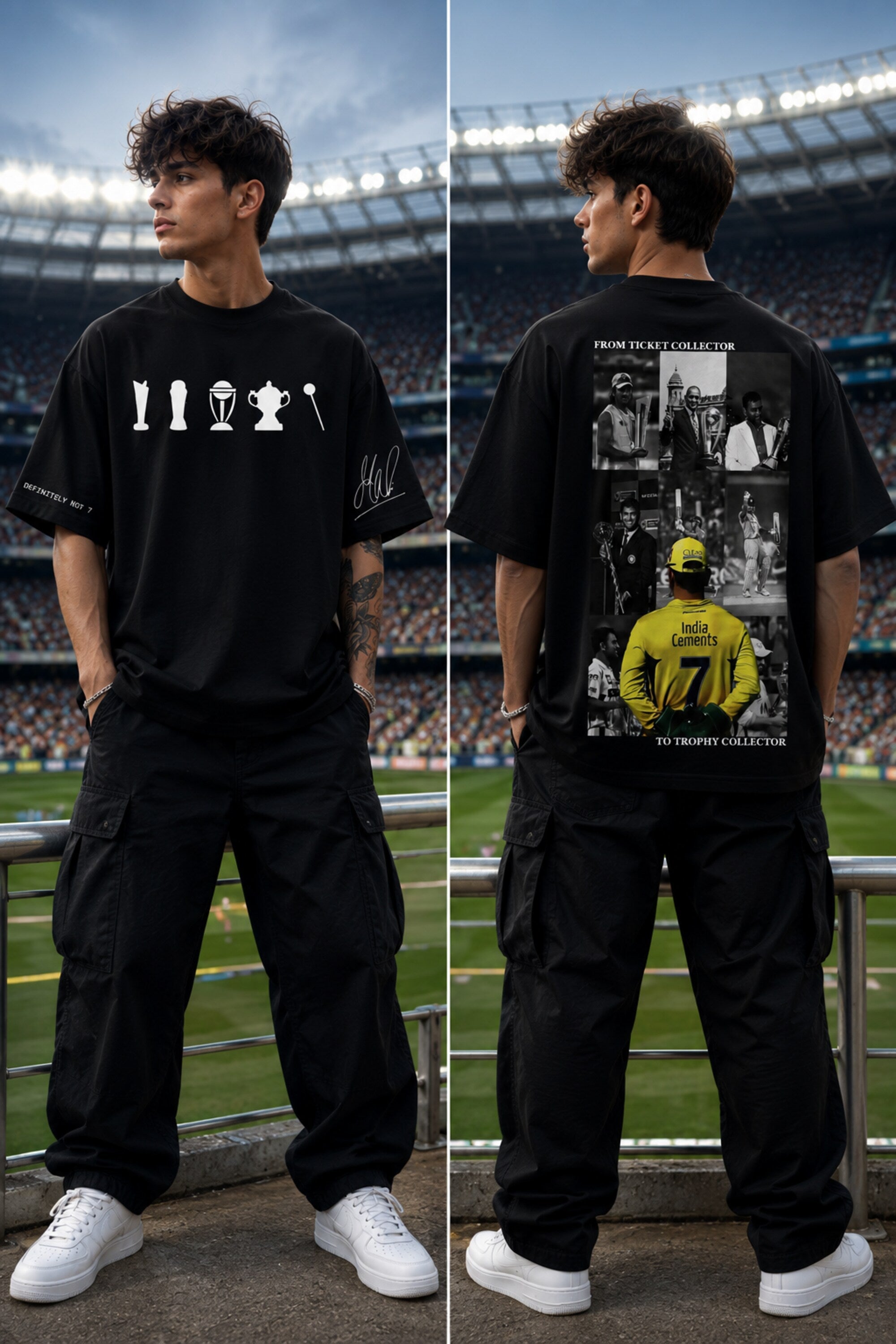 A man modeling a black oversized graphic T-shirt in a stadium setting, shown from both front and back. The front has white trophy silhouettes and script text, while the back features a large black-and-white photo collage with a yellow soccer jersey graphic and text.