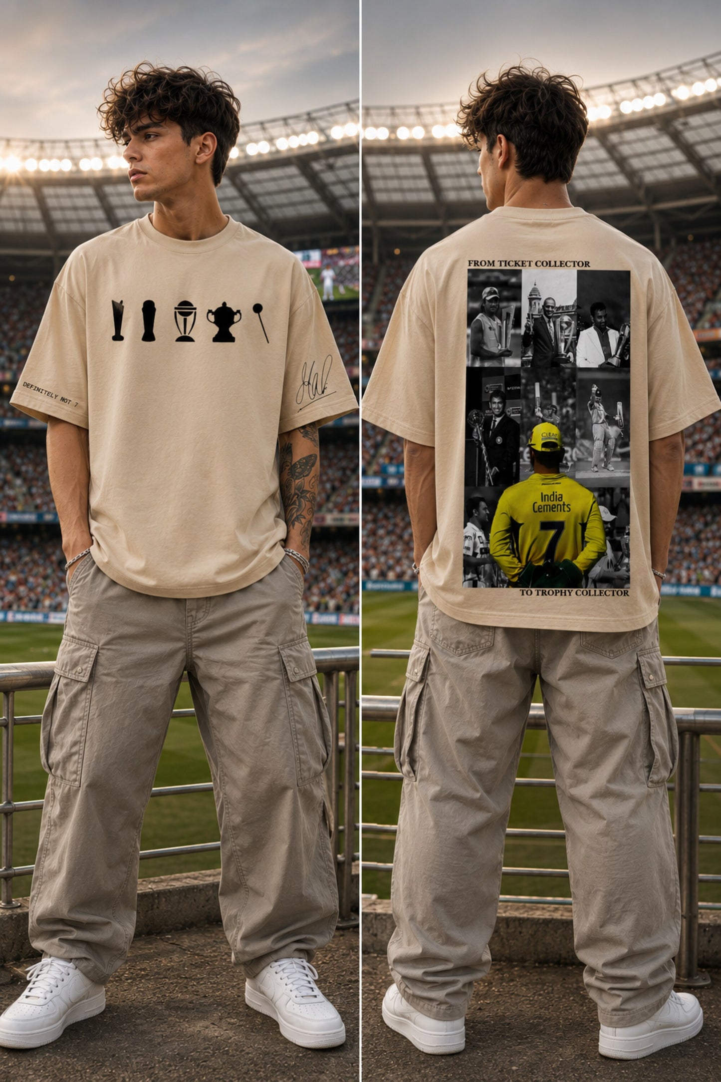 A man stands in a stadium wearing a beige graphic T-shirt, shown from both front and back. The front has a small black sports trophy graphic, and the back has a large black-and-white collage with a yellow soccer jersey graphic.