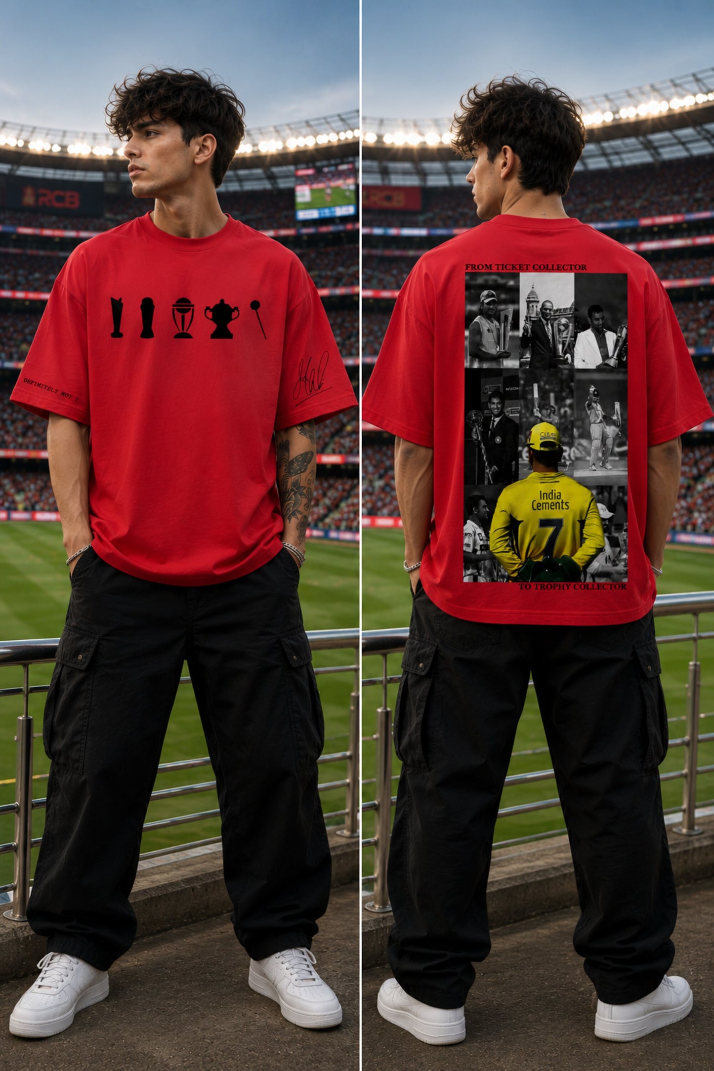 A man stands in a stadium wearing a red graphic T-shirt and black cargo pants, shown from both front and back. The front has a black trophy-style graphic across the chest, and the back features a large collage print with black photos and a yellow soccer player graphic.