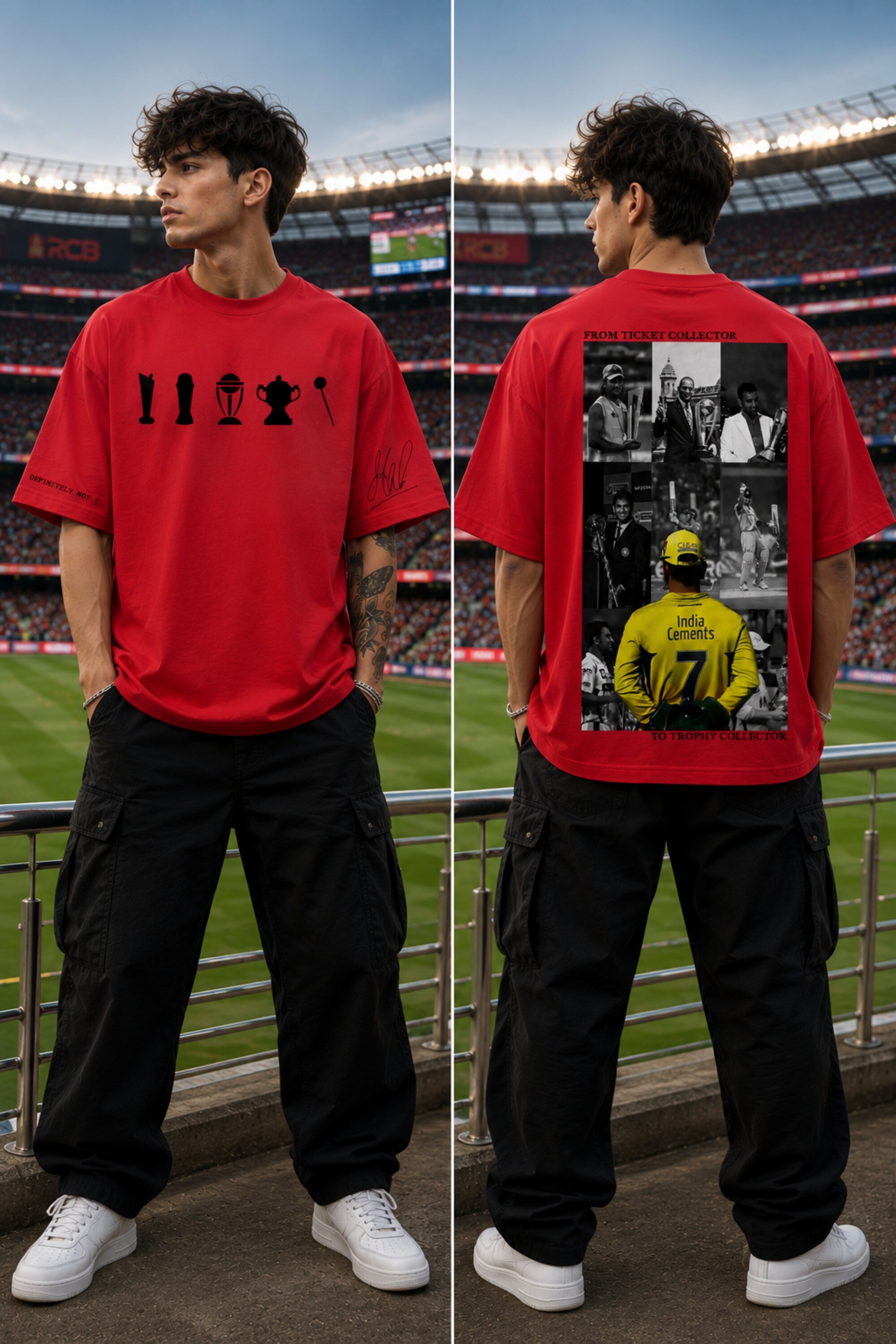 A man stands in a stadium wearing a red graphic T-shirt and black cargo pants, shown from both front and back. The front has a black trophy-style graphic across the chest, and the back features a large collage print with black photos and a yellow soccer player graphic.
