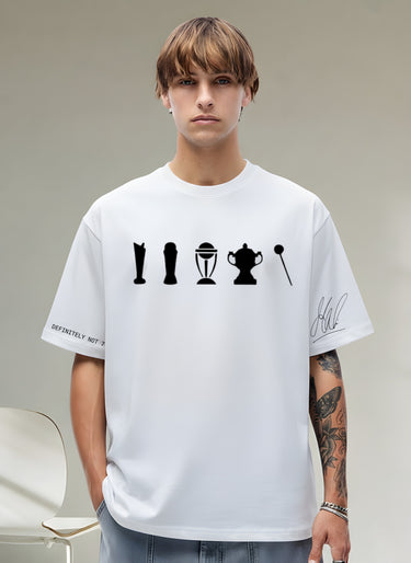 Person wearing a white MSD t-shirt with black graphics and text