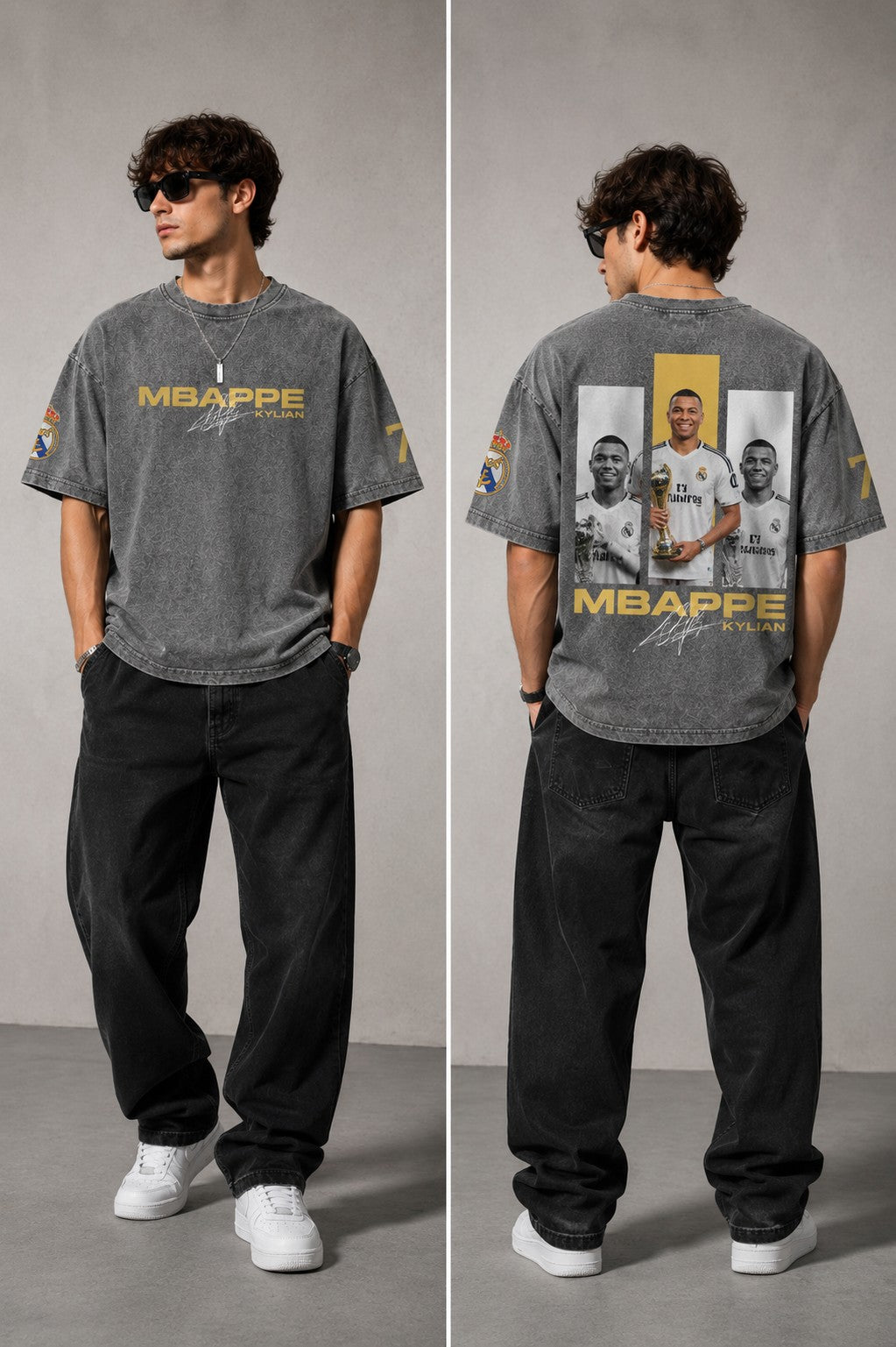 Model wearing an anthracite black Mbappe oversized t-shirt with gold "MBAPPE" graphic and signature, Real Madrid and number 7 logos on sleeves. - stone grey