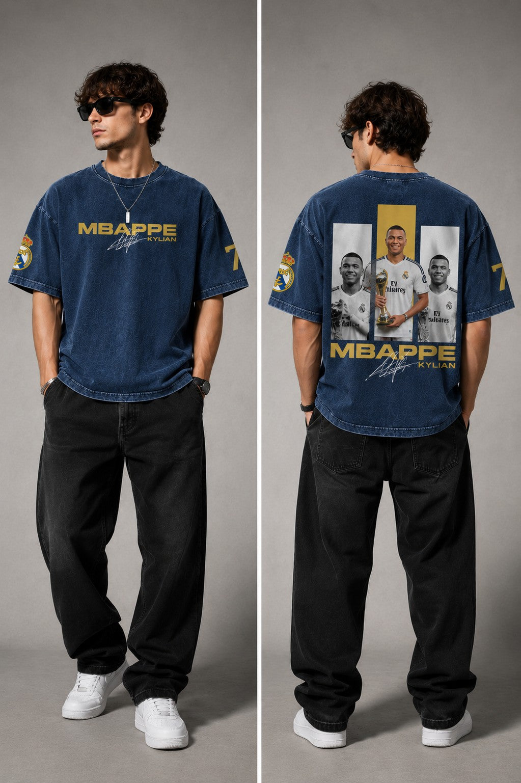Model wearing an anthracite black Mbappe oversized t-shirt with gold "MBAPPE" graphic and signature, Real Madrid and number 7 logos on sleeves. - midnight indigo