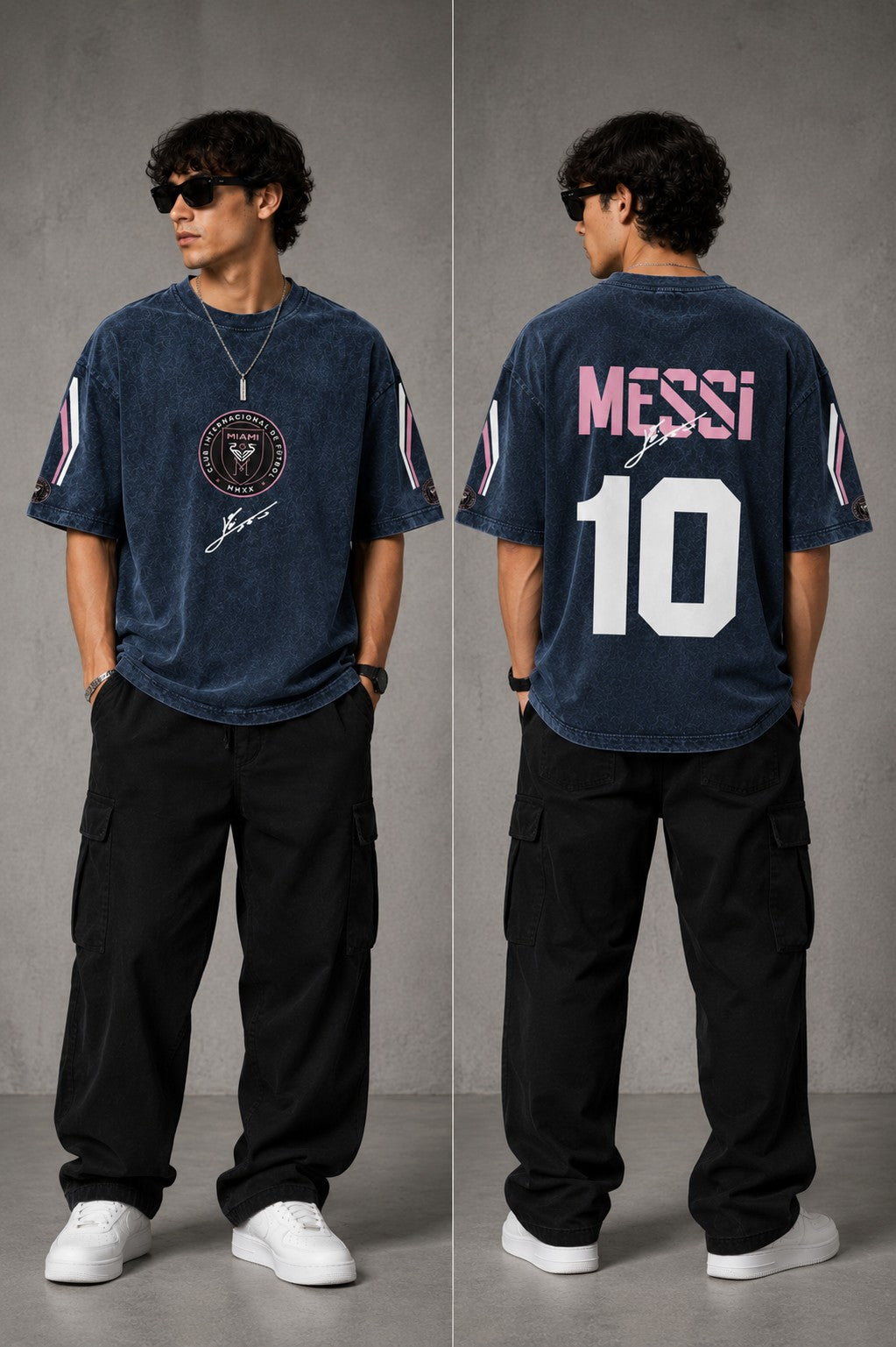 Man wearing an anthracite black Messi oversized t-shirt with a circular team logo and signature, showcasing the relaxed fit and premium fabric. - midnight indigo