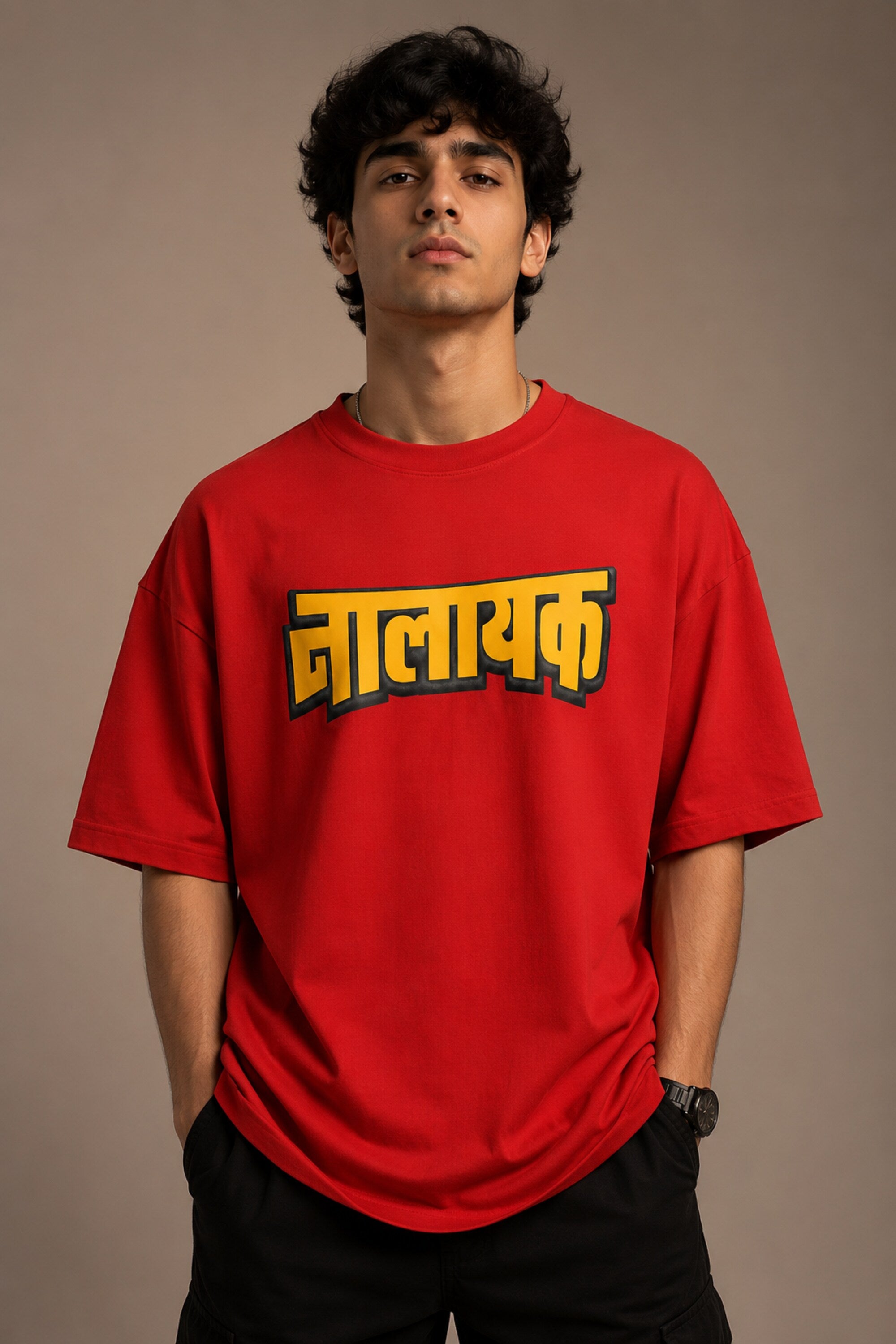 POPCASE red oversized t shirt bold yellow Nalayak Hindi Devanagari text graphic black outline desi streetwear tshirt premium cotton