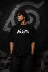 Black oversized t-shirt with Naruto logo in white brushstroke lettering and Japanese text, anime streetwear India
