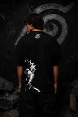 Black oversized t-shirt with Naruto logo in white brushstroke lettering and Japanese text, anime streetwear India