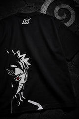 Black oversized t-shirt with Naruto logo in white brushstroke lettering and Japanese text, anime streetwear India