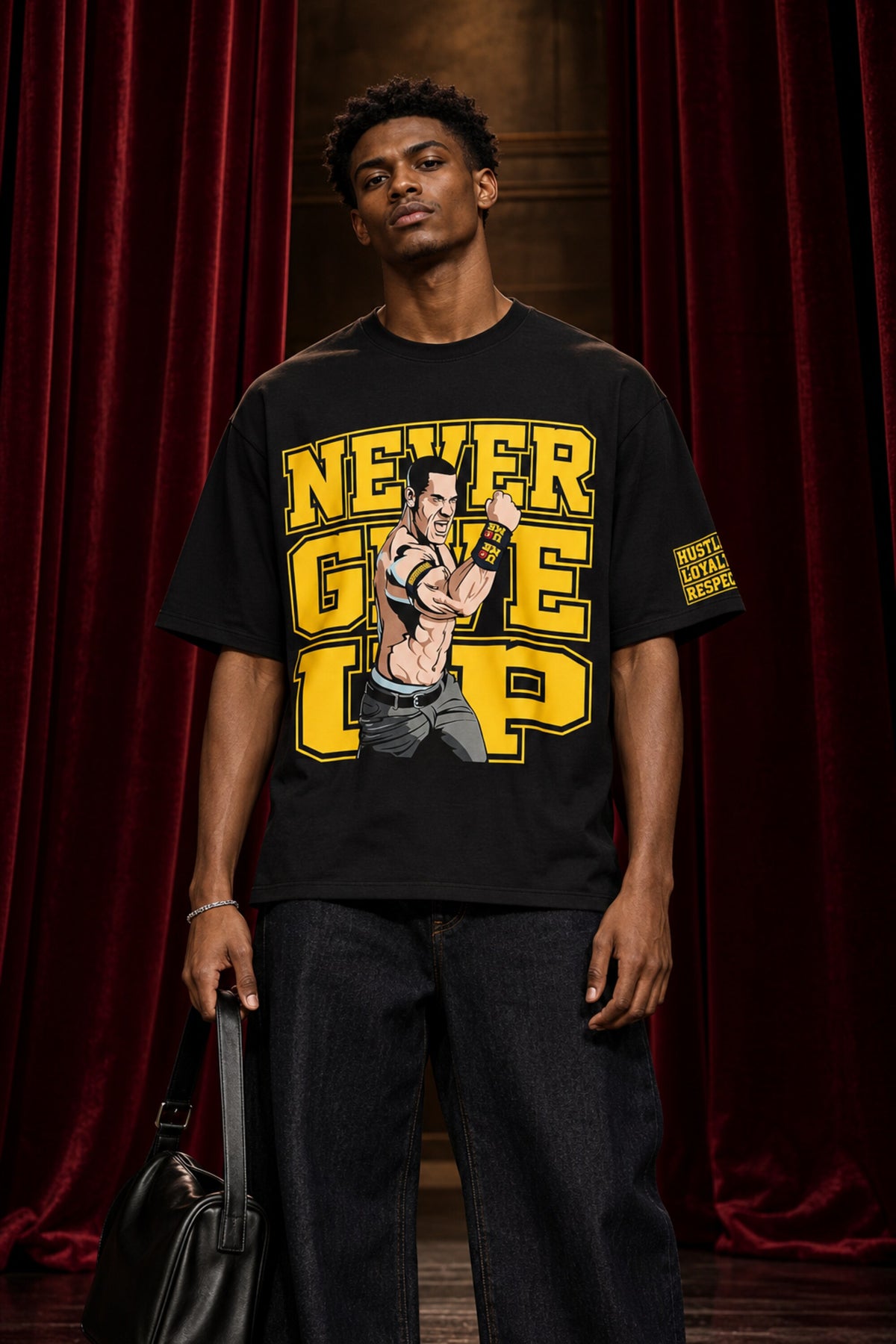 Black tshirt with Never Give Up yellow varsity block letters and John Cena graphic on front, drop shoulder boxy fit, men India