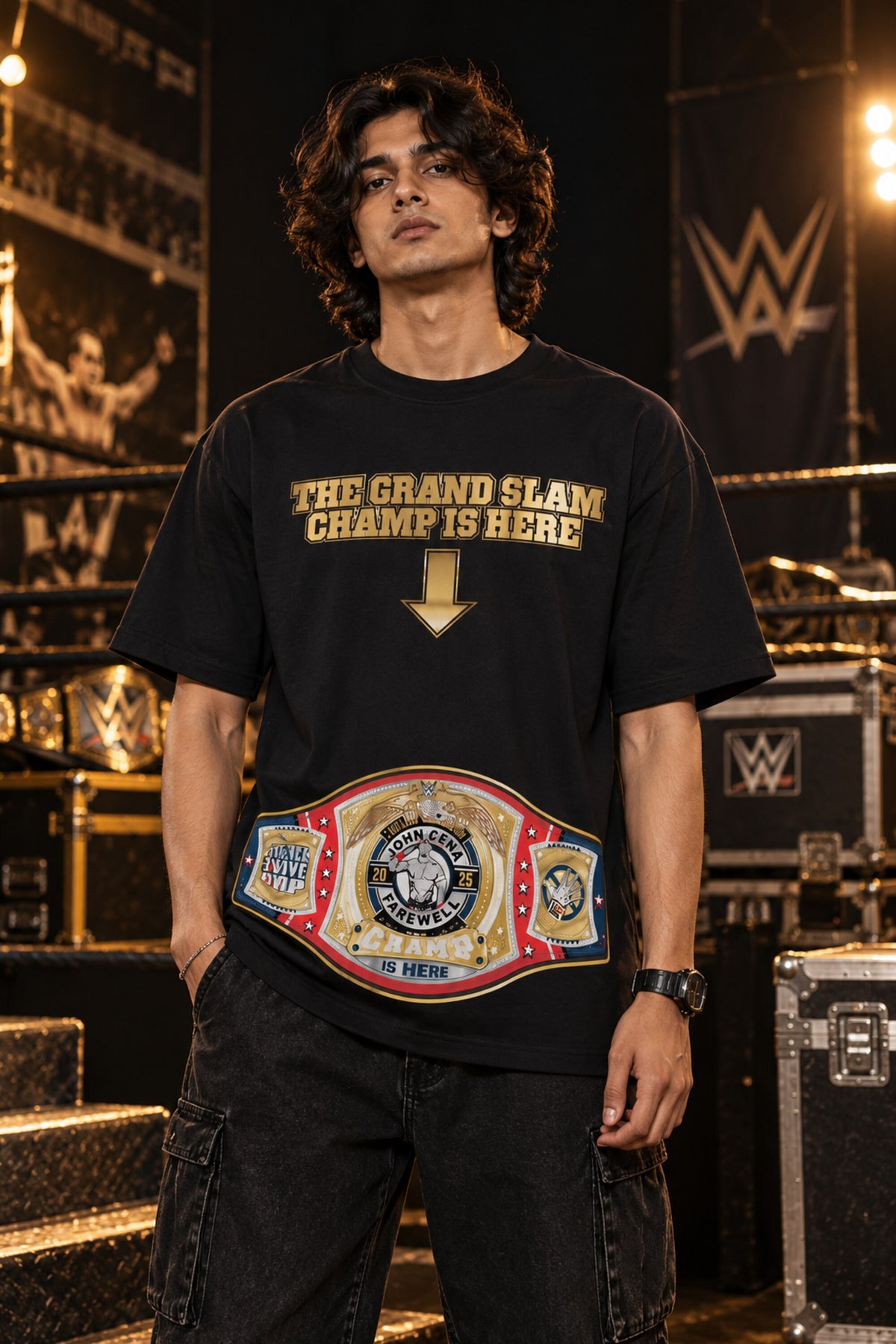 Black oversized tshirt with The Grand Slam Champ Is Here gold text and down arrow on front, drop shoulder boxy fit, men India