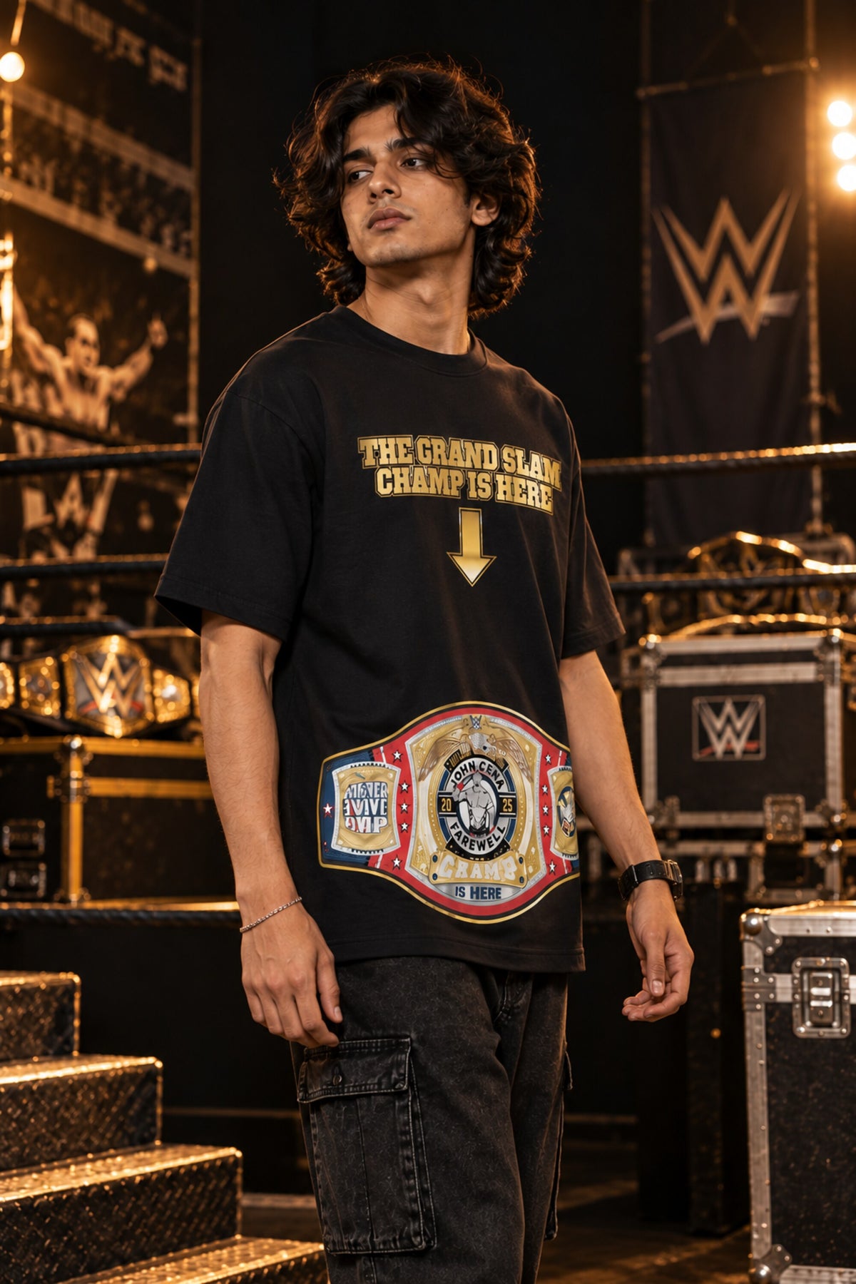 Black oversized tshirt with The Grand Slam Champ Is Here gold text and down arrow on front, drop shoulder boxy fit, men India