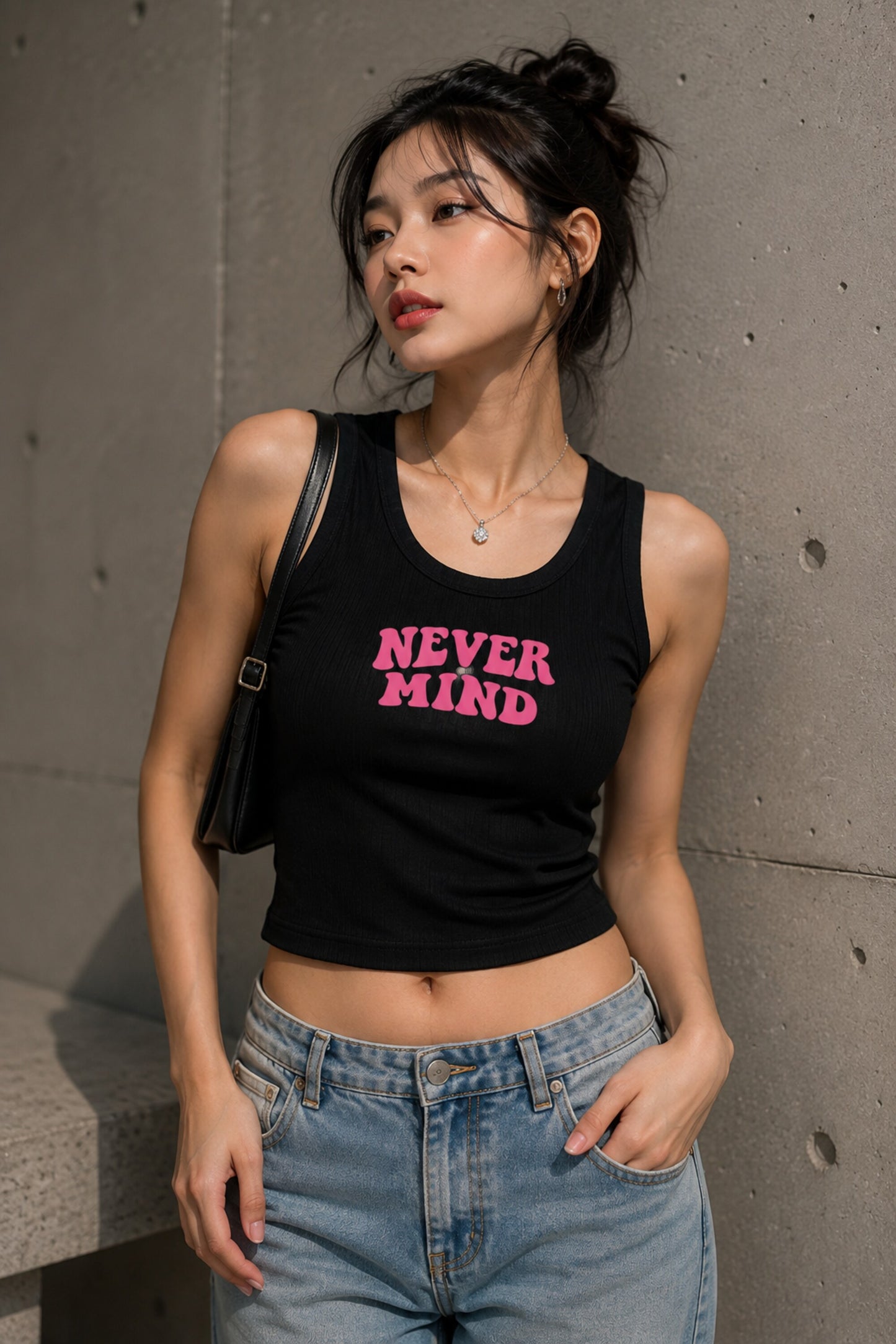 Black fitted ribbed crop tank top Never Mind bold pink retro groovy bubble letter graphic Y2K cafe aesthetic POPCASE women