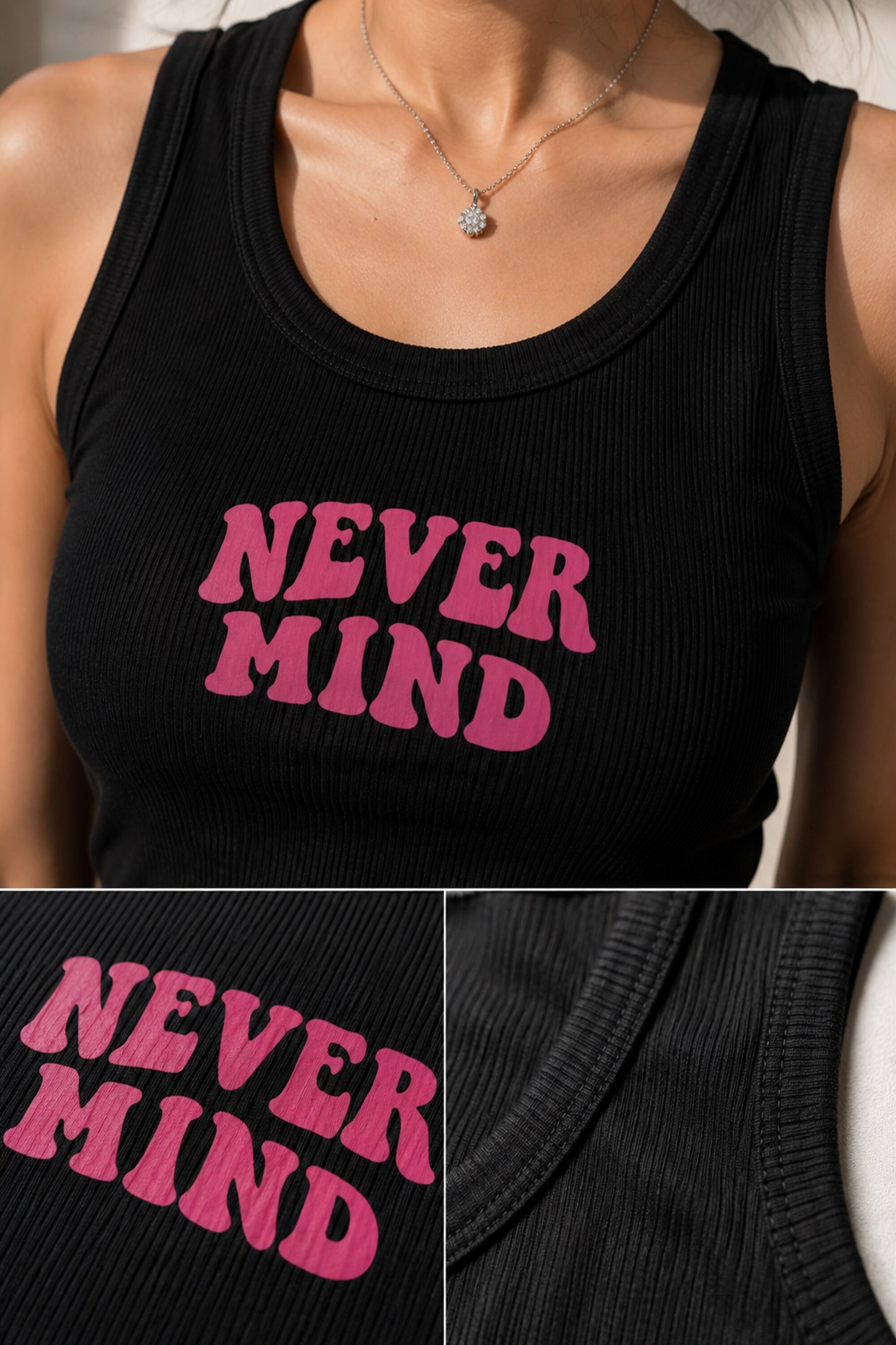Black fitted ribbed crop tank top Never Mind bold pink retro groovy bubble letter graphic Y2K cafe aesthetic POPCASE women