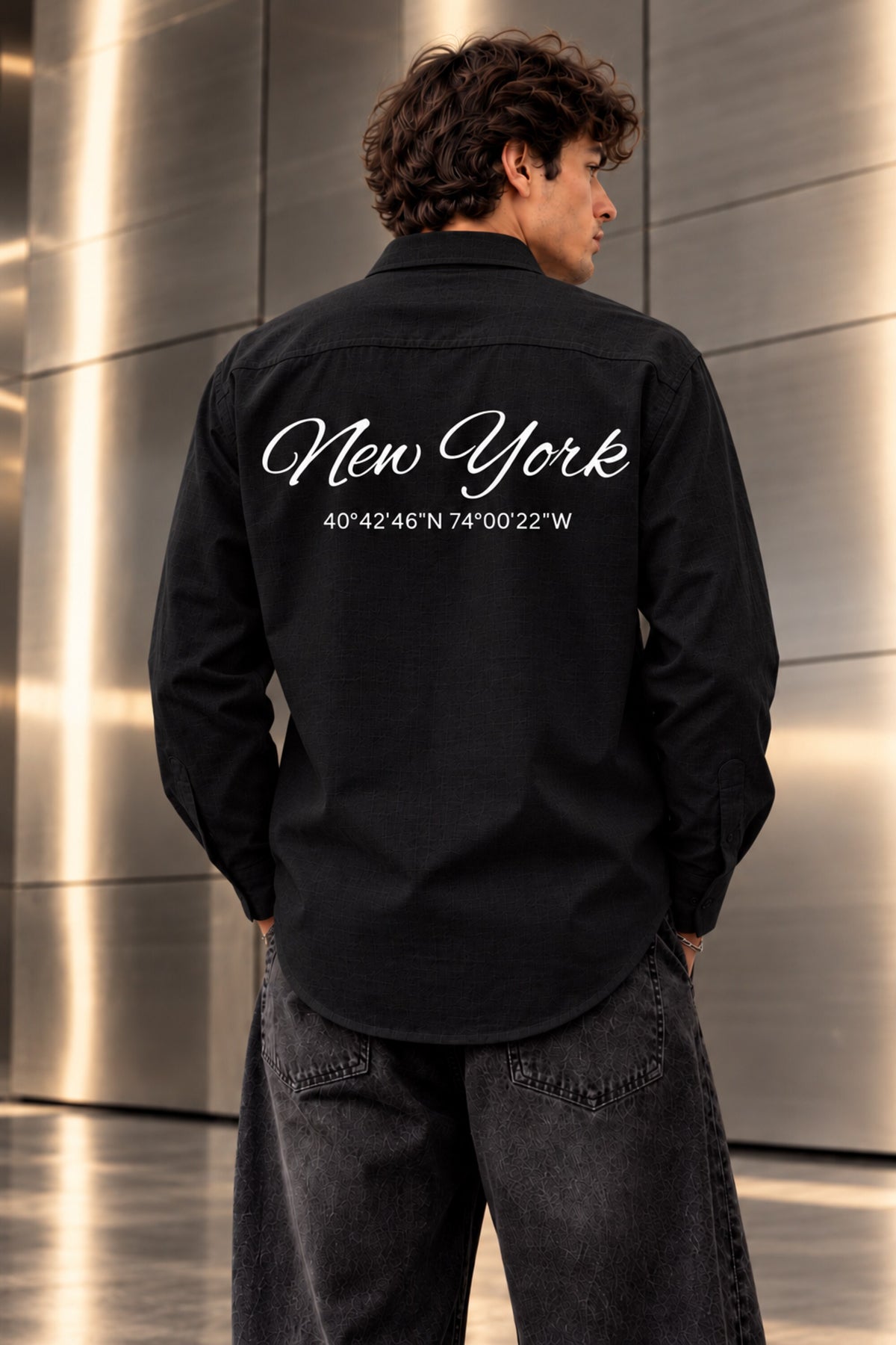 Full sleeve shirt with New York cursive on back and chest embroidery in black blue and cream, 100% cotton relaxed fit, men India - black