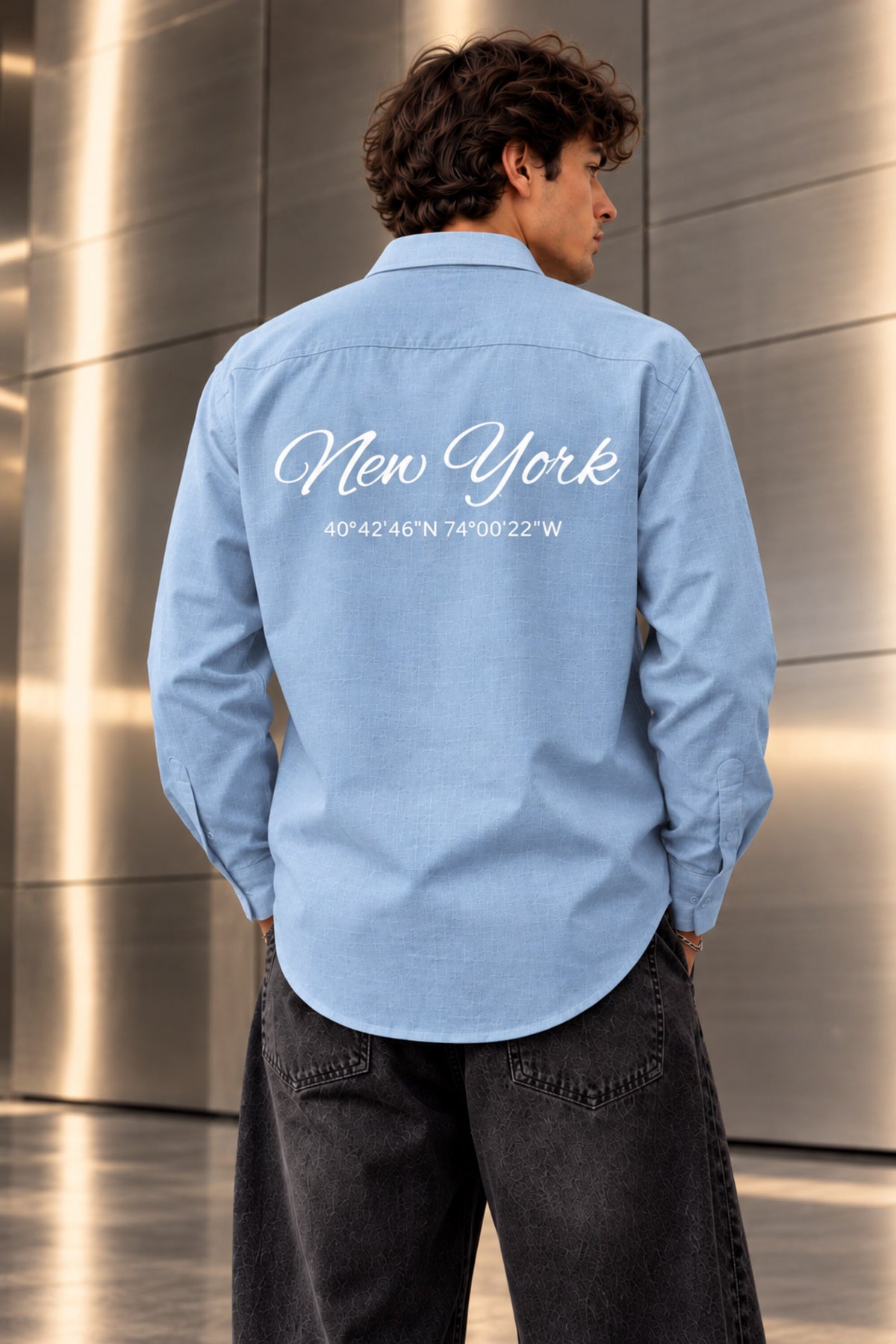 Full sleeve shirt with New York cursive on back and chest embroidery in black blue and cream, 100% cotton relaxed fit, men India - blue