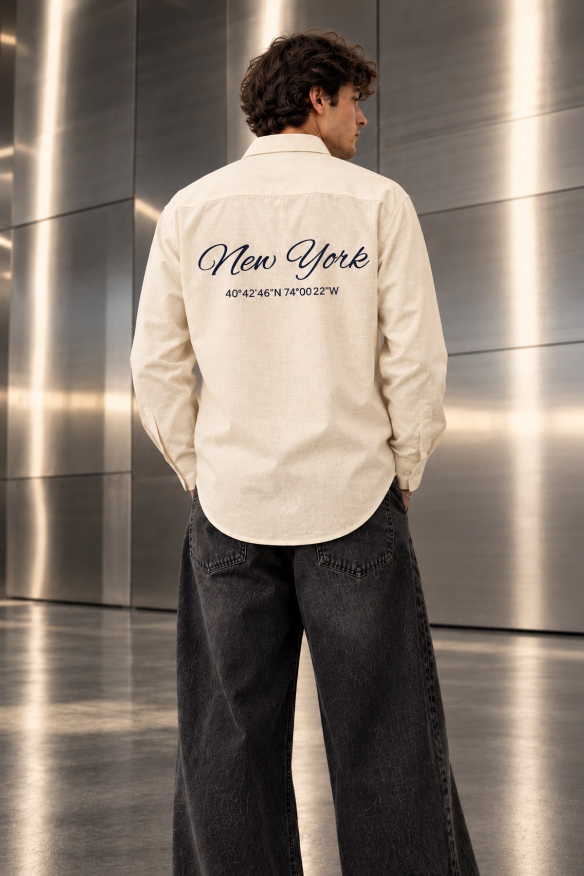 Full sleeve shirt with New York cursive on back and chest embroidery in black blue and cream, 100% cotton relaxed fit, men India - cream