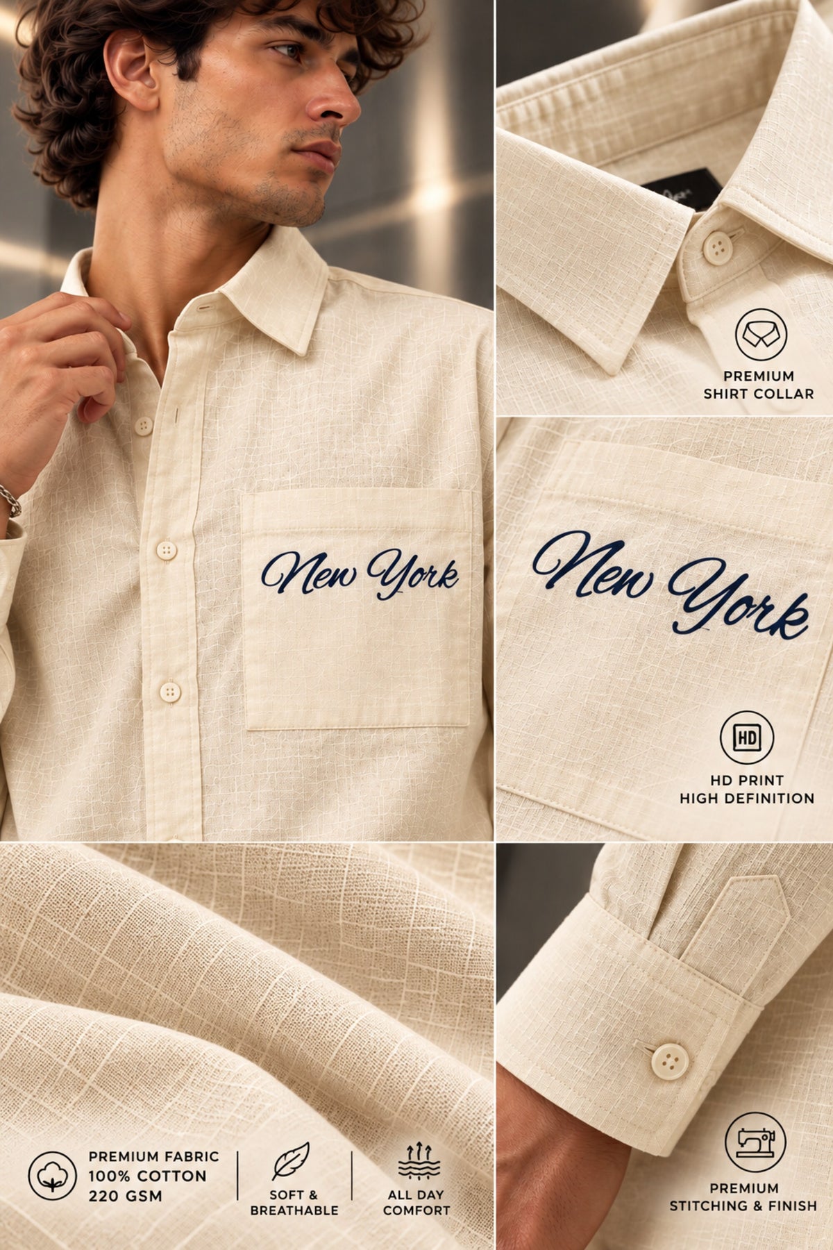 Full sleeve shirt with New York cursive on back and chest embroidery in black blue and cream, 100% cotton relaxed fit, men India